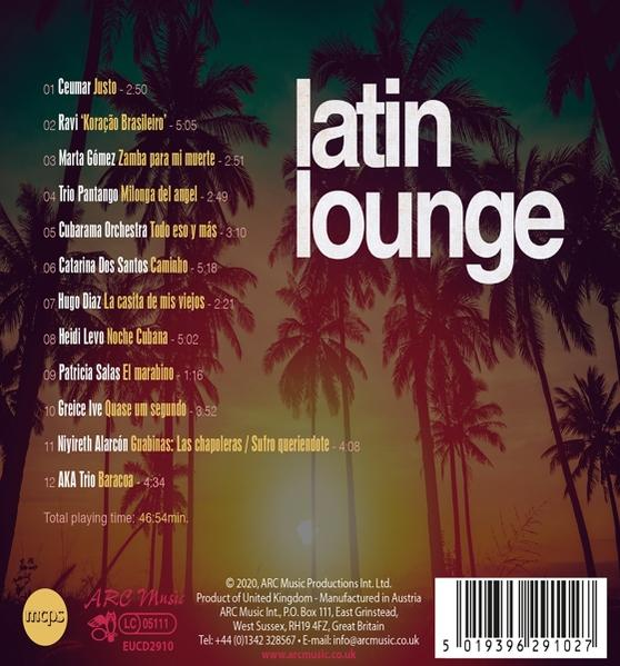 CD-Cover mit Titel 'latin lounge' und Trackliste, Palmenhintergrund.