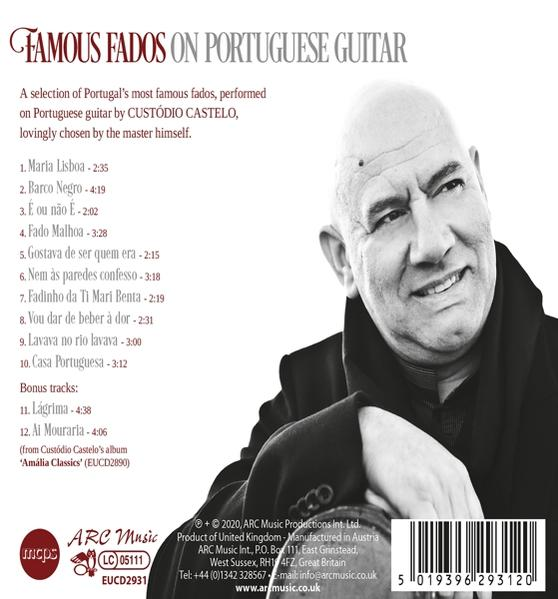 Albumcover von "Famous Fados on Portuguese Guitar" mit Porträt eines Mannes und Trackliste.