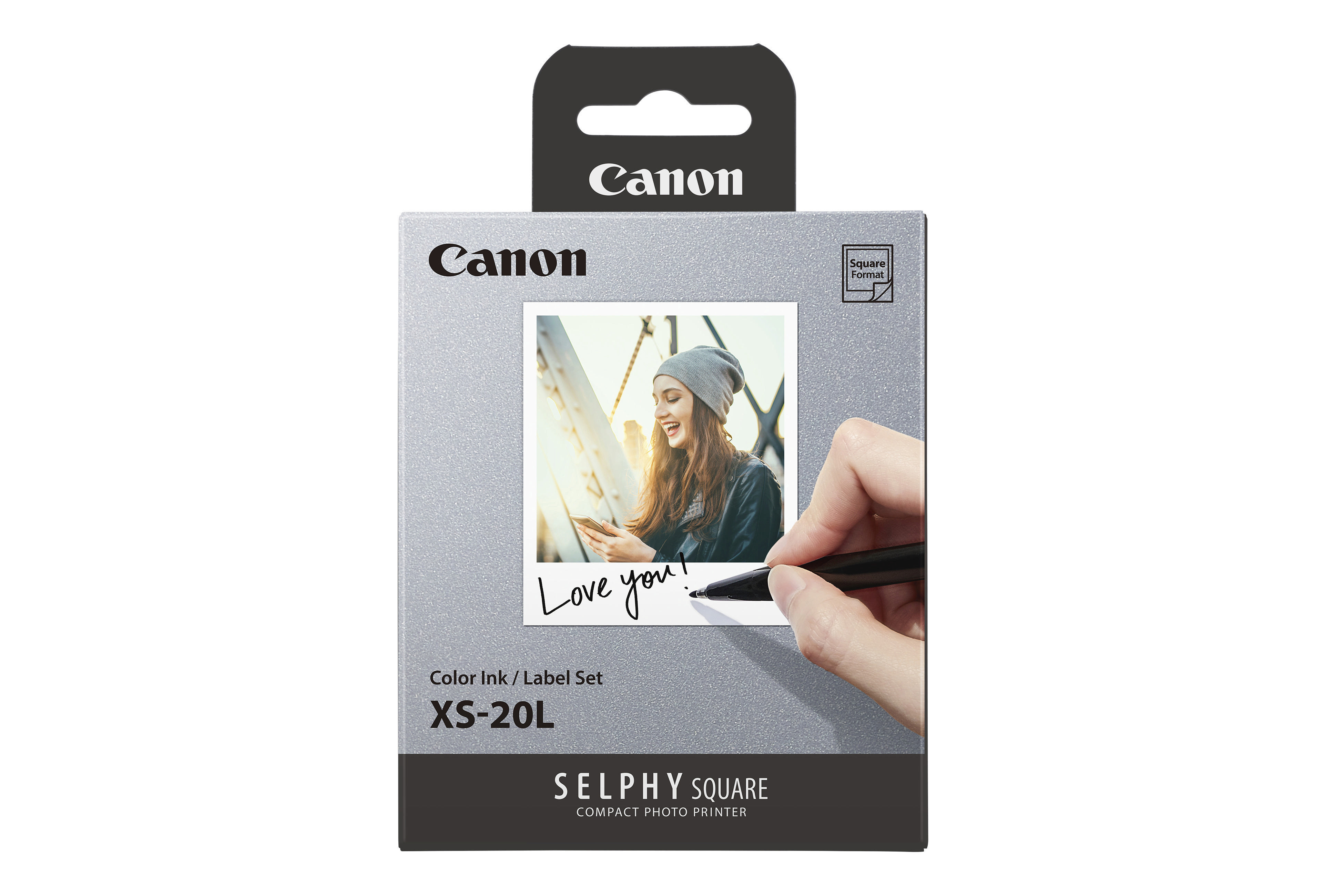 Canon Selphy Foto-Drucker Tinte/Etiketten-Set-Box mit Hand und Foto.