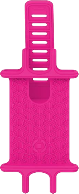 Roze telefoonhouder met geometrisch patroon.