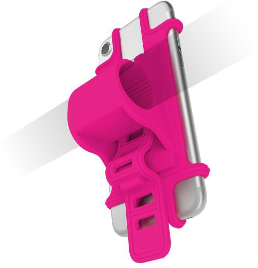 Een roze telefoonhouder met een telefoon, ontworpen voor de arm.