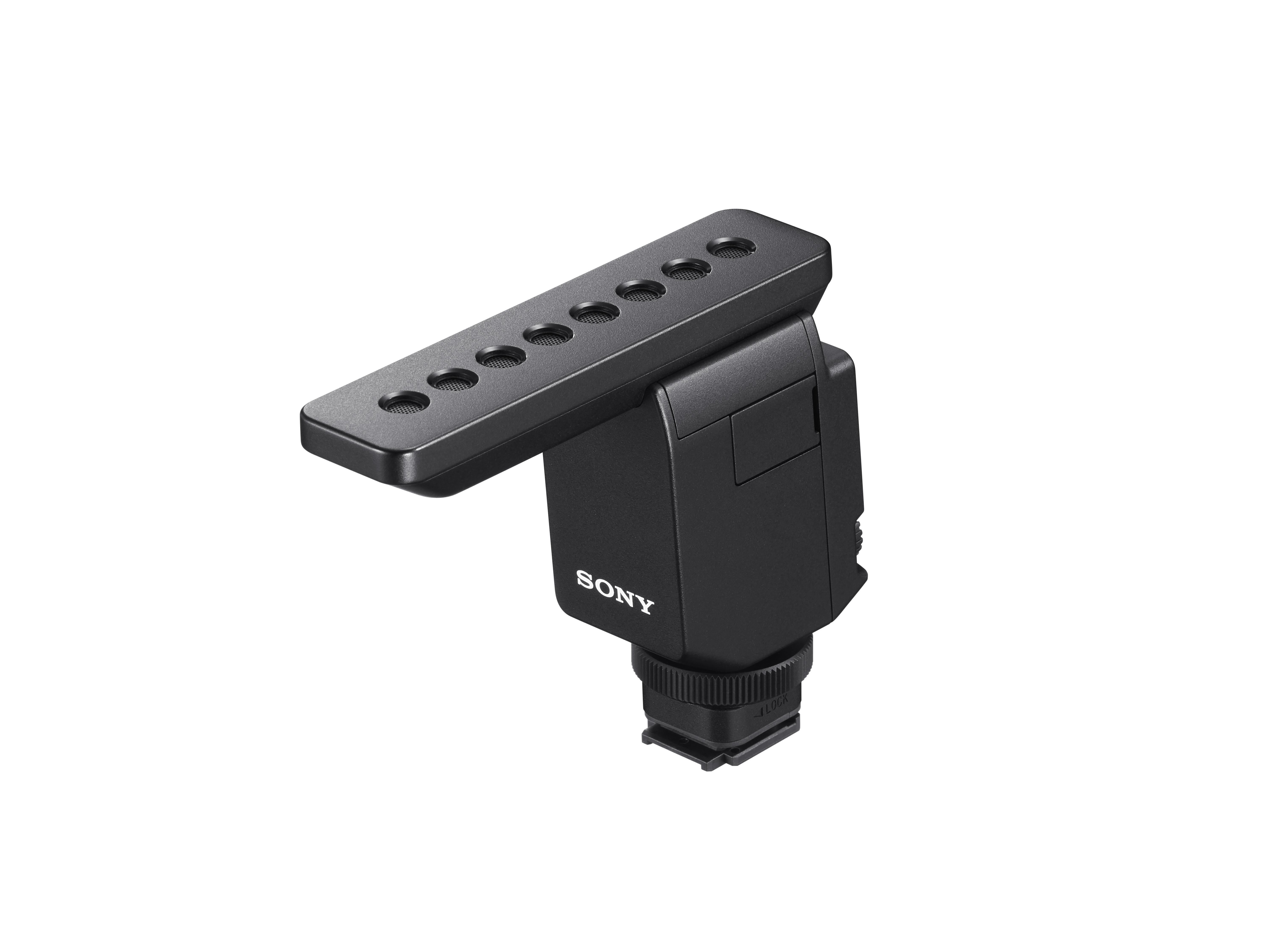 Ein schwarzes Sony-Richtmikrofon auf weißem Hintergrund.