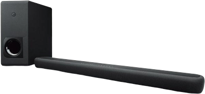 Eine schwarze Soundbar und ein Subwoofer, wahrscheinlich für ein Heimkinosystem. Auf schwarzem Hintergrund.