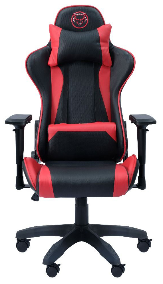 Gaming stoel, zwart en rood. Heeft een hoofdsteun met logo en armleuningen. Wielen op de basis. Toont een vooraanzicht.