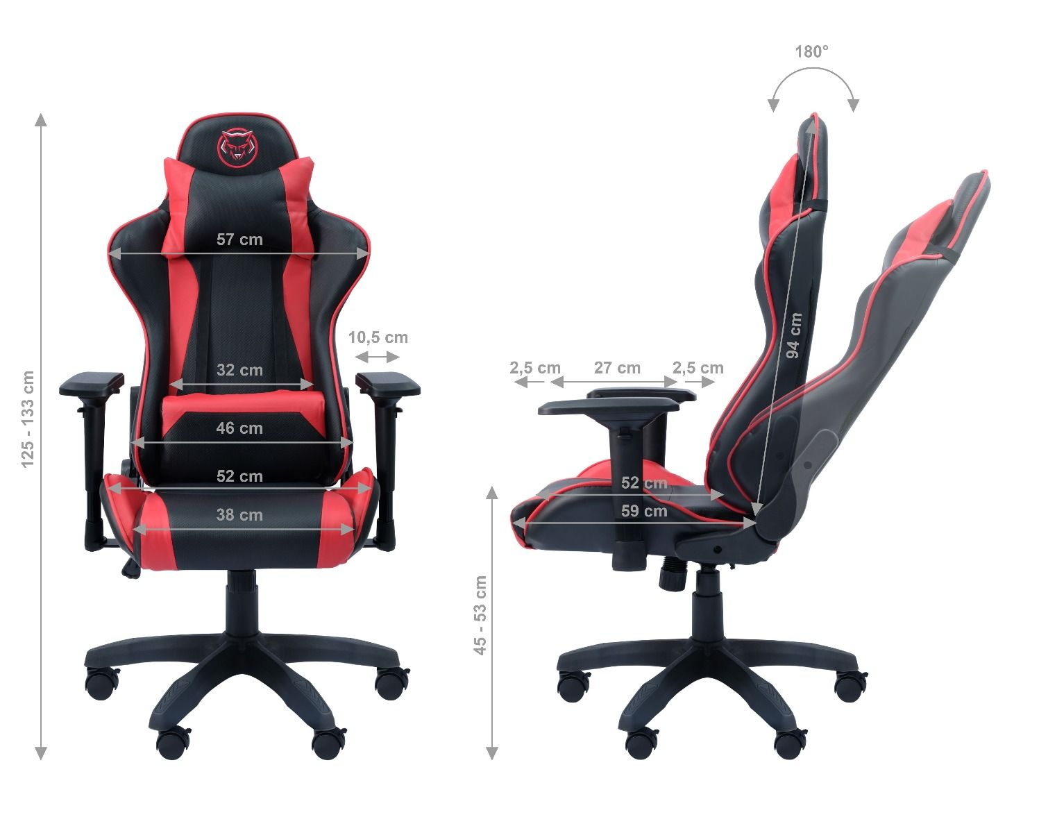 Gamingstoel met rood en zwart design. Afmetingen worden aangegeven. De stoel wordt van voren en opzij getoond.