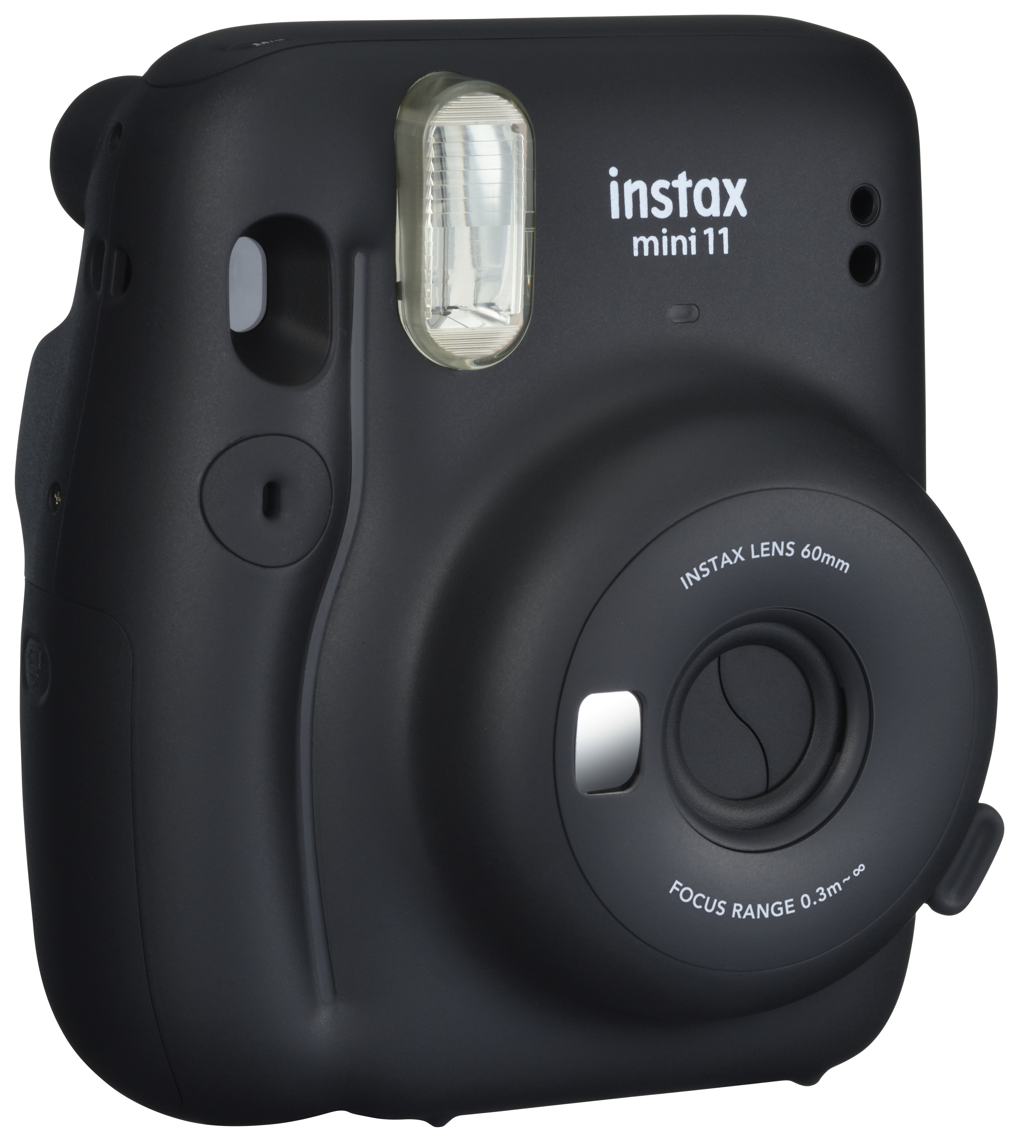 Schwarze Instax Mini 11 Kamera. Enthält Blitz, Objektiv und Fokuseinstellungen.