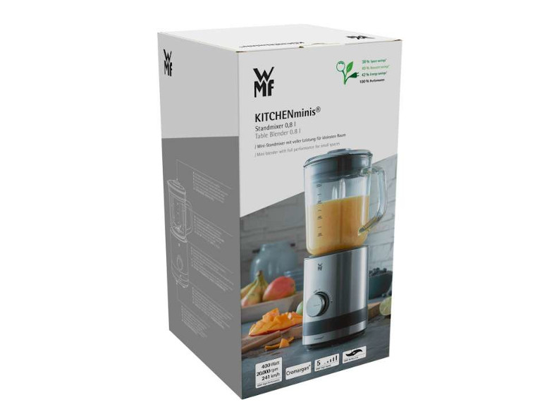 WMF Kitchenminis turmixgép doboz, narancssárga folyadékkal.
