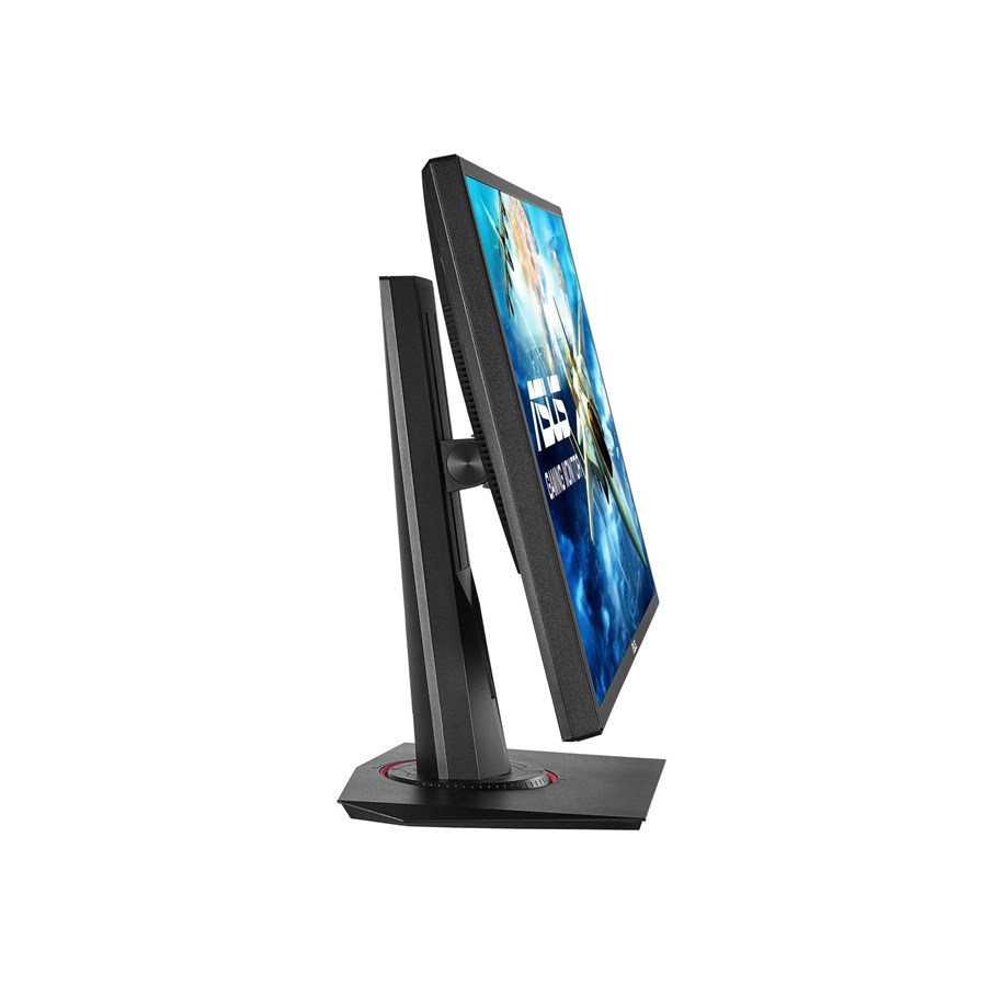 Un monitor de juegos en un soporte, en ángulo mostrando la pantalla.