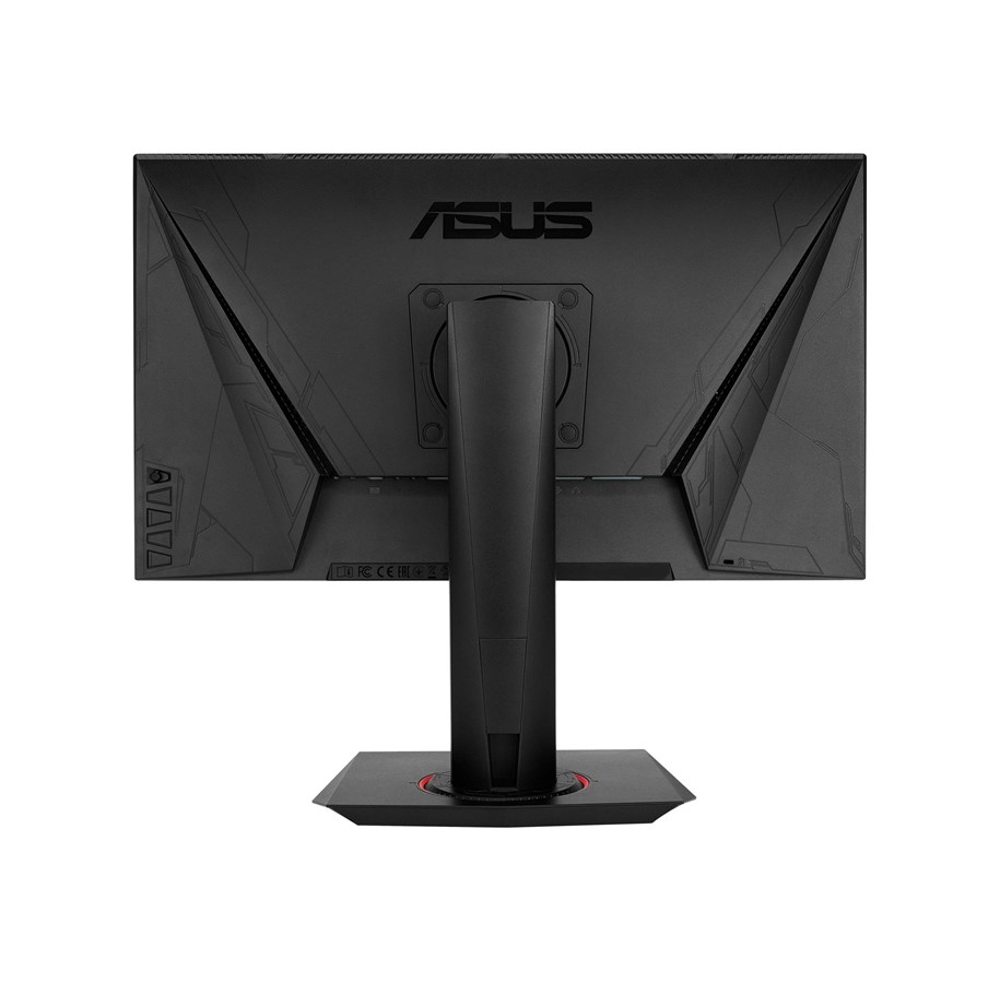 Vista trasera de un monitor ASUS, con el nombre de la marca y el soporte. Negro con detalles rojos.