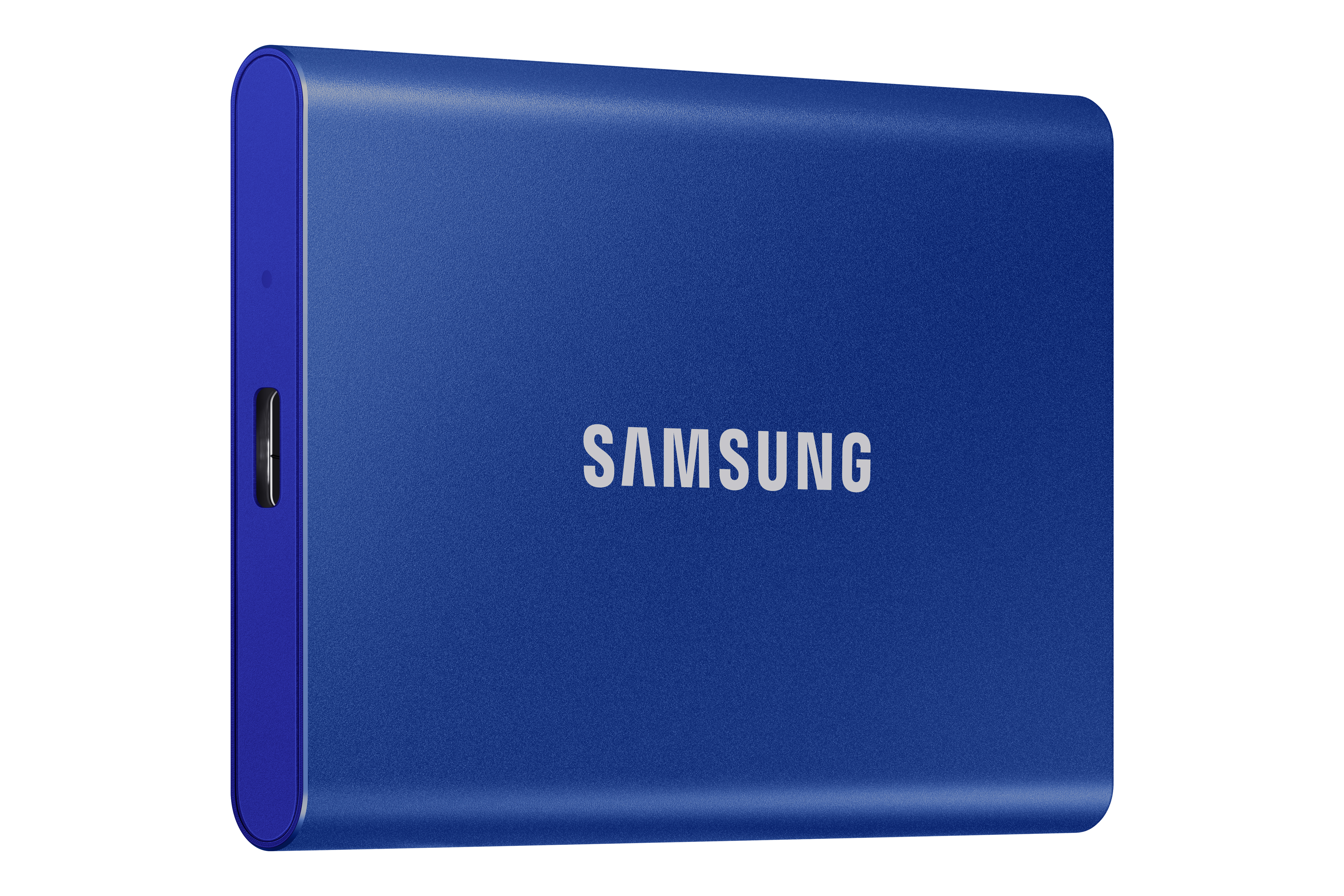 Blue Samsung external hard drive. The word "SAMSUNG" is printed on the device.