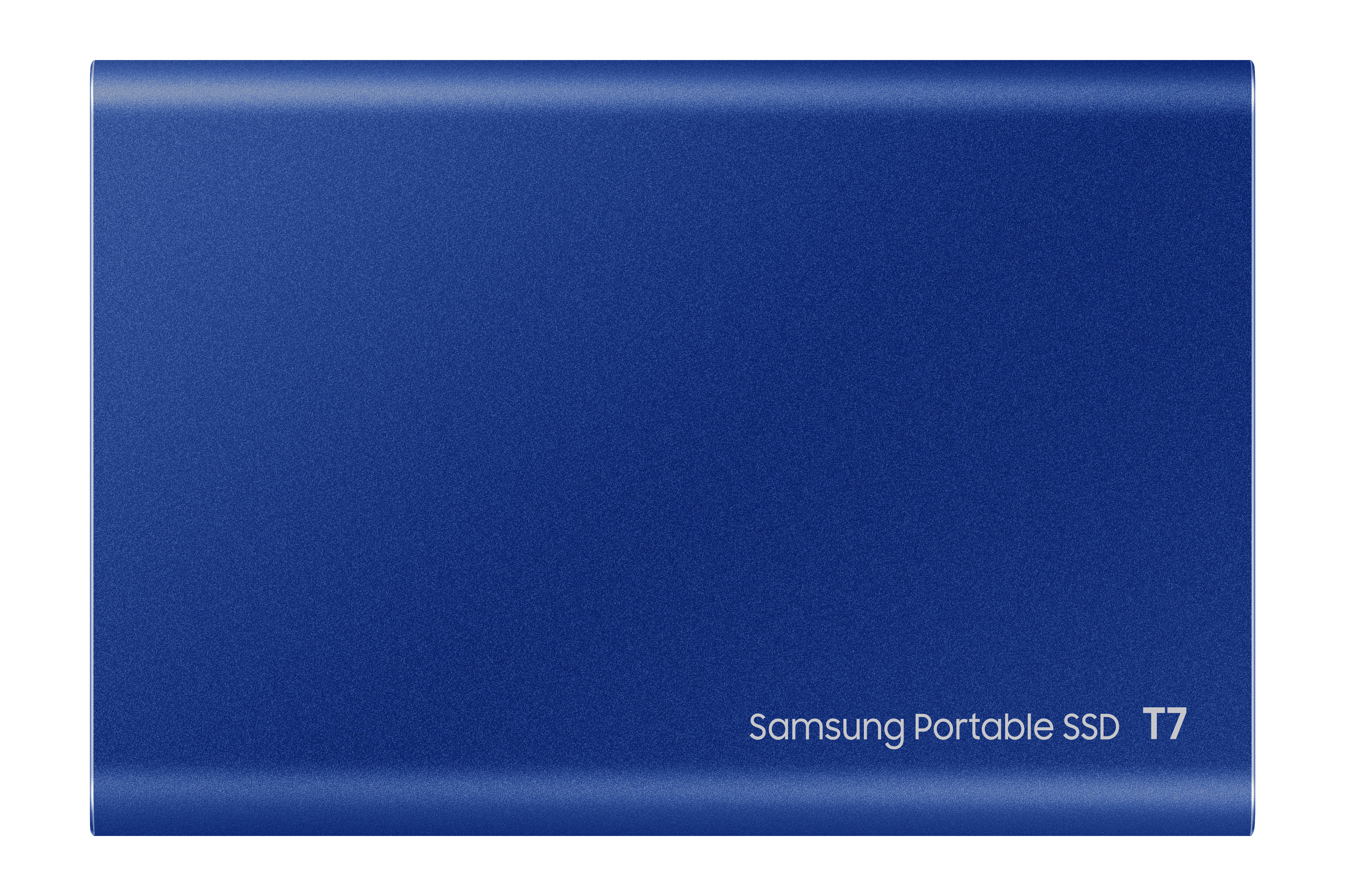 Blue portable Samsung SSD T7, with the brand name and model name on the surface.