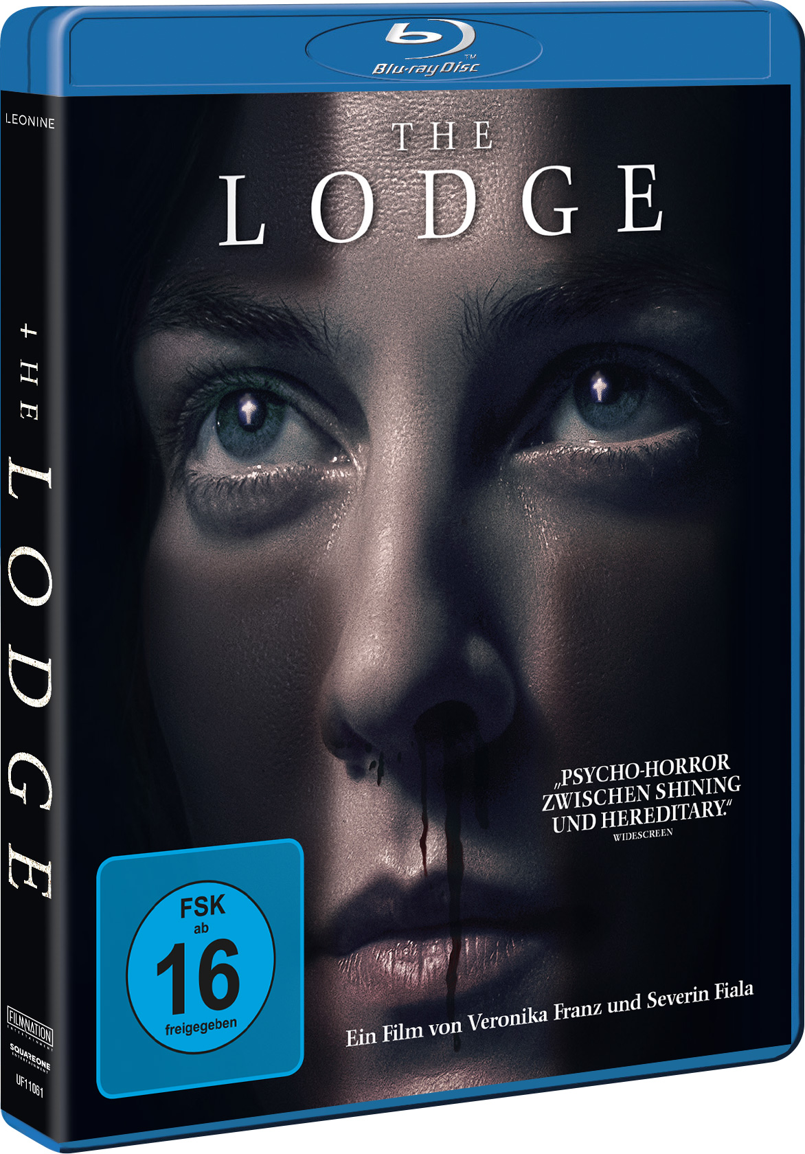 The Lodge Blu-ray-Cover mit Frauenporträt, Blut und FSK 16-Sticker.