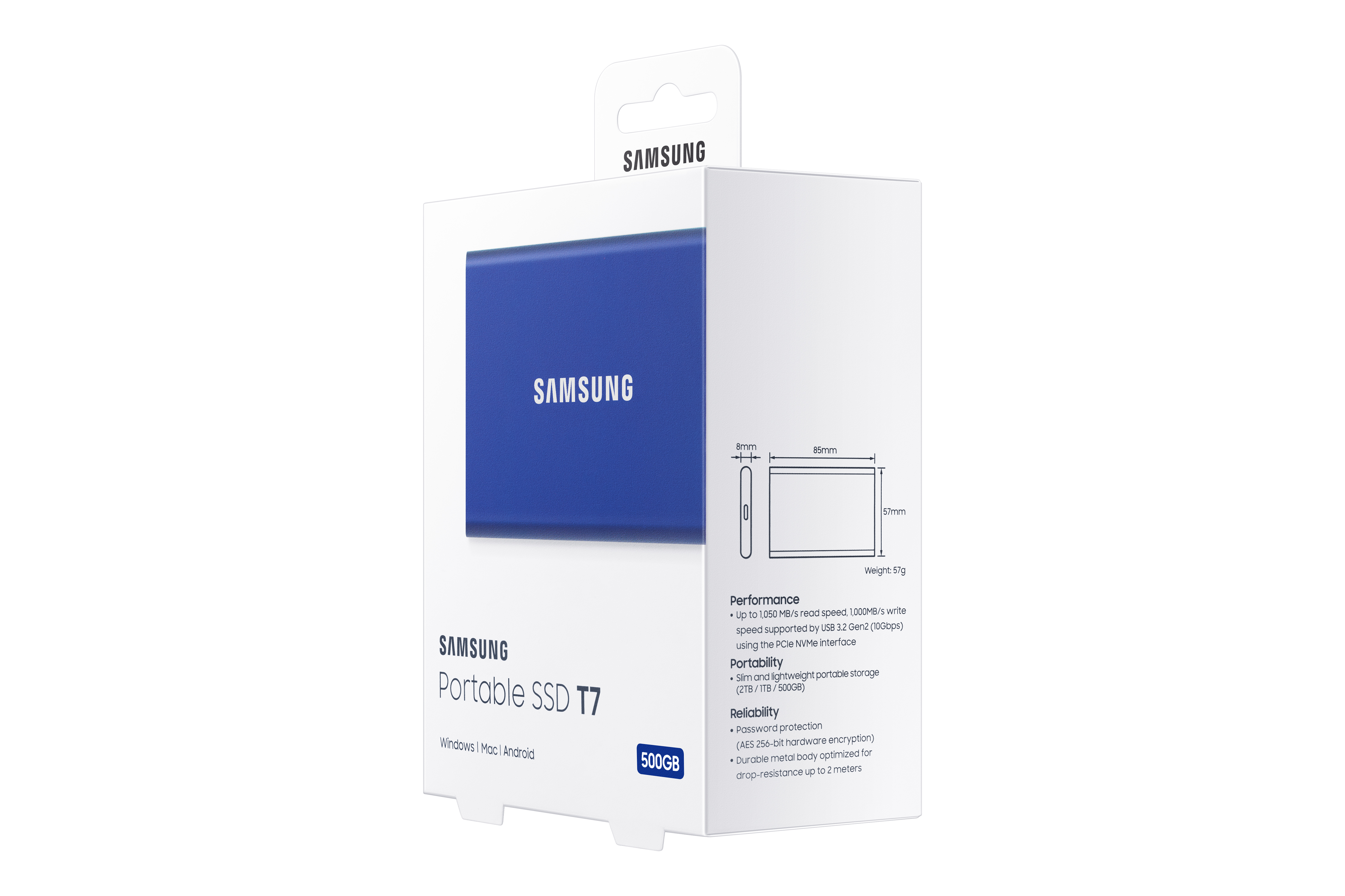Blue Samsung portable SSD in its packaging. The box has text and a diagram of the SSD dimensions.