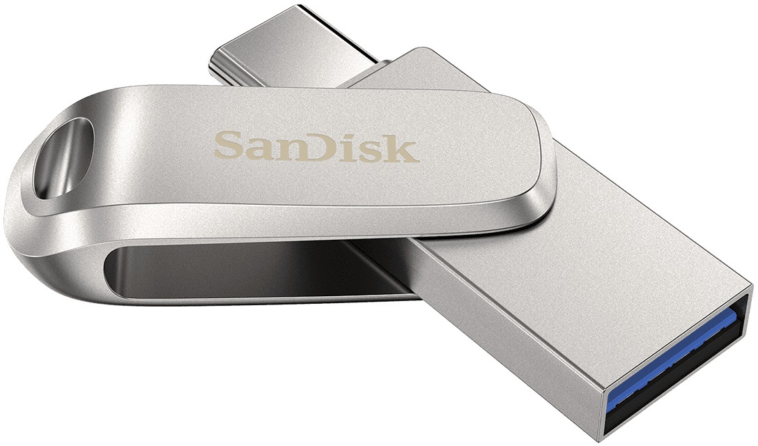 Clé USB Sandisk argentée et noire.