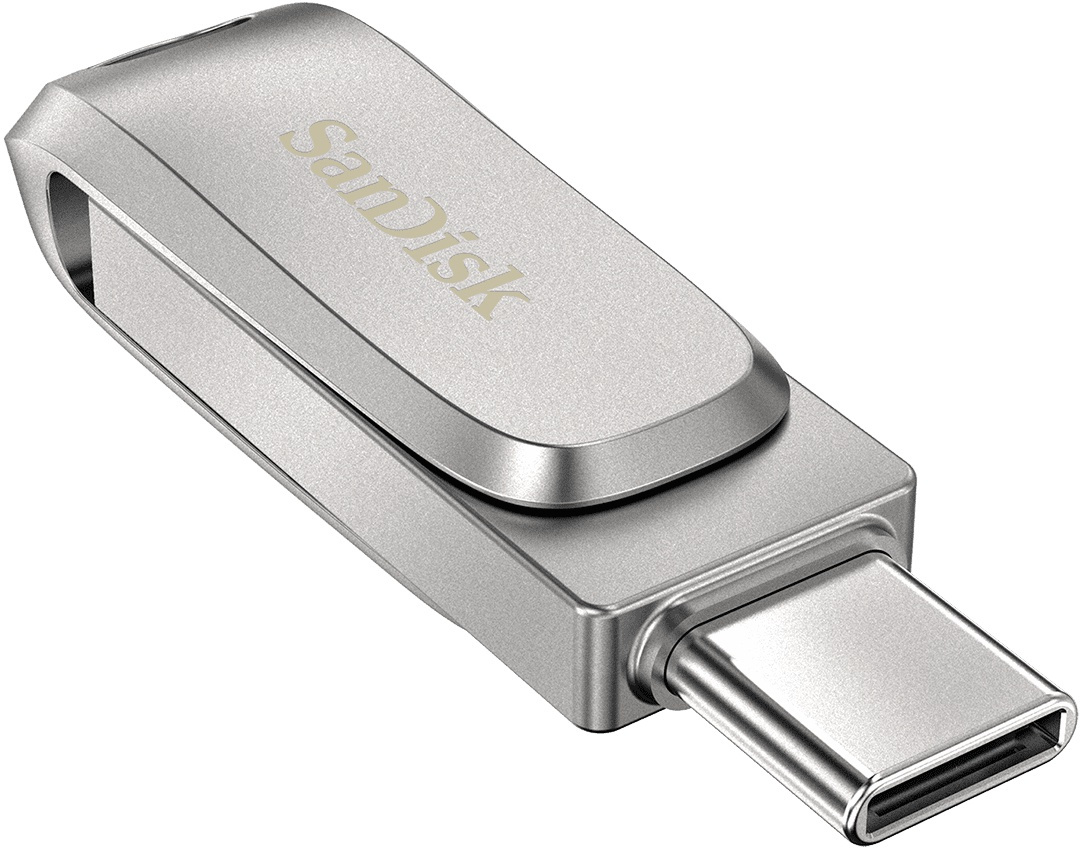 Une clé USB SanDisk argentée avec connecteur USB-C rétractable, sur fond blanc.