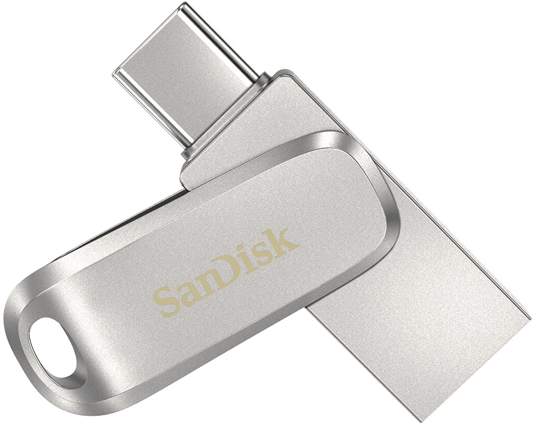 Clé USB-C argentée, inclinée, avec le logo 'SanDisk' visible.