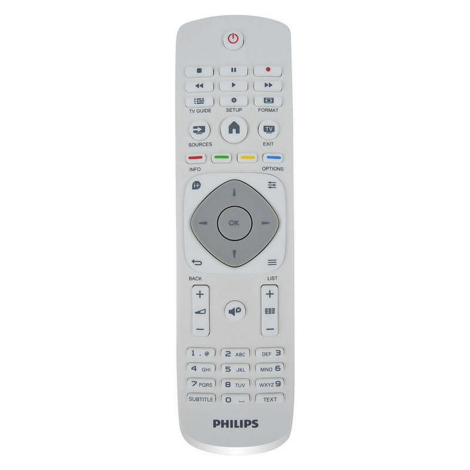 Un mando a distancia Philips gris con botones para guía de TV, configuración y más. Fondo blanco.