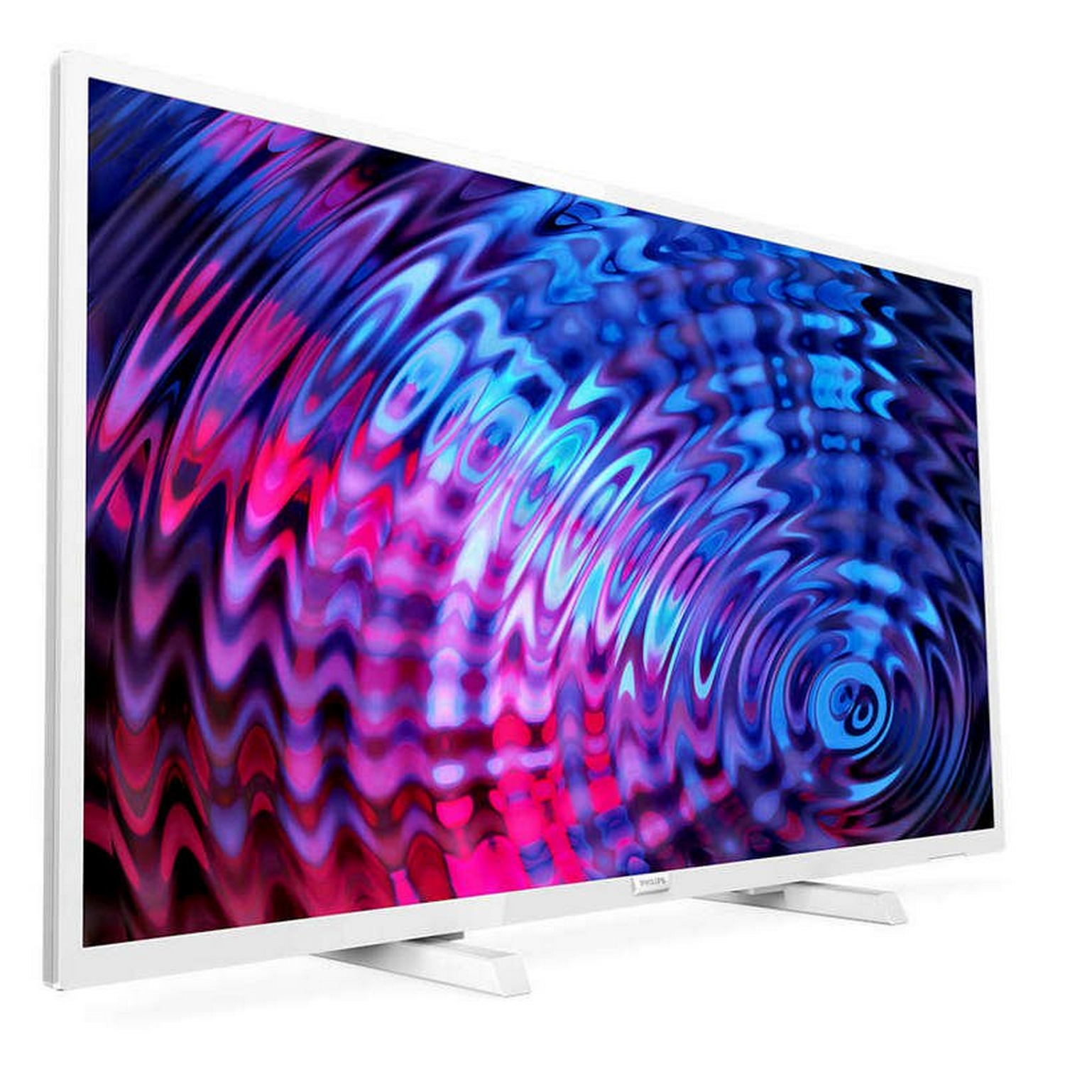 Televisor blanco con marco blanco. La pantalla muestra un patrón ondulado colorido de azules, rosas y morados.