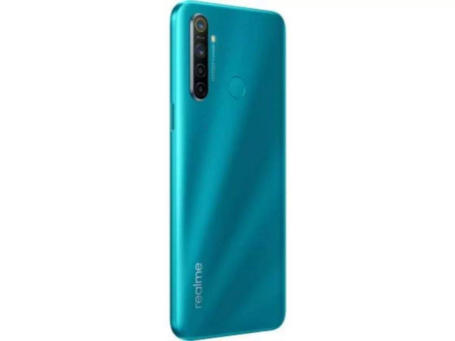 Parte trasera de smartphone turquesa con conjunto de cámaras. Logotipo de Realme abajo.