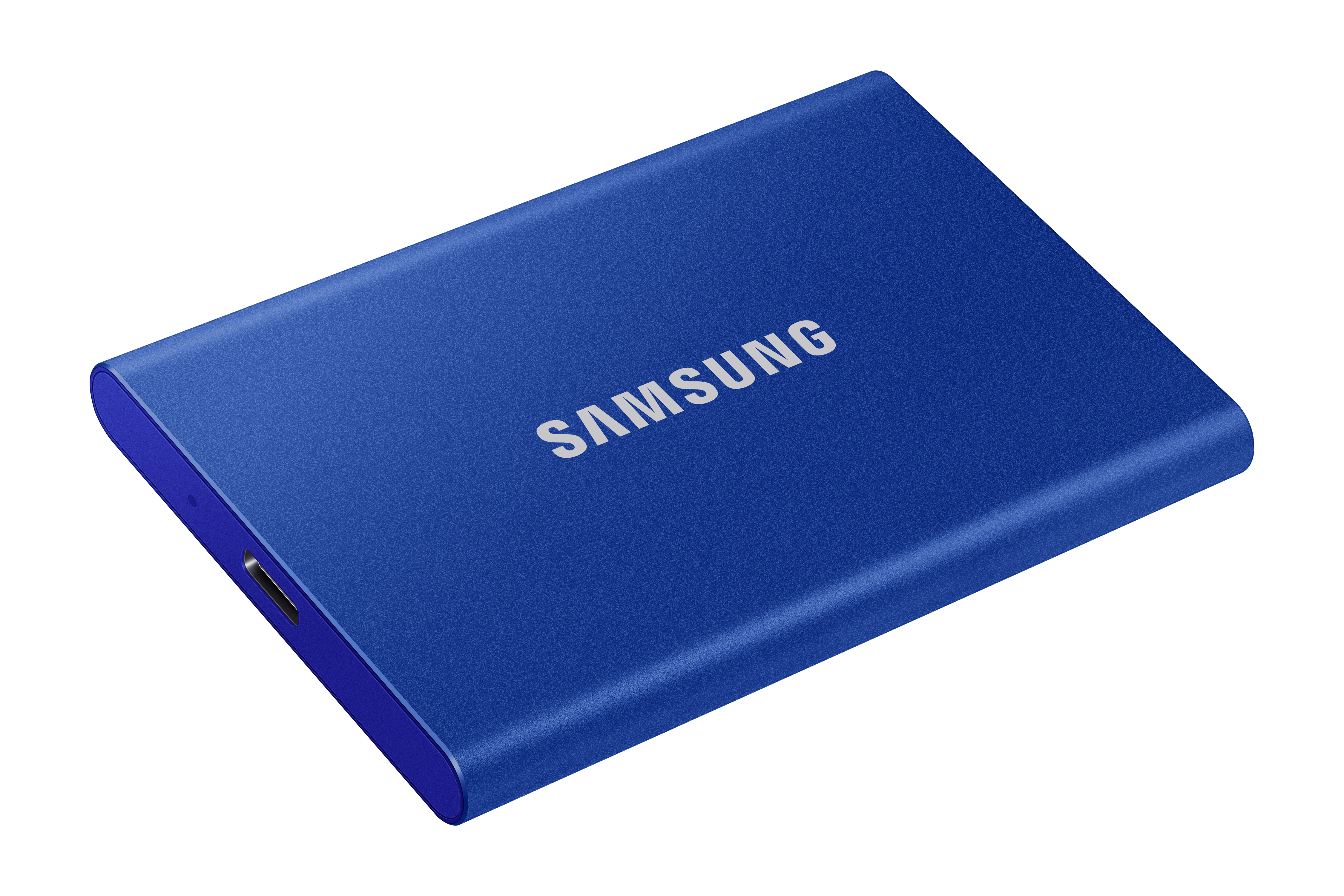 Blue Samsung portable SSD on a white background, with the brand name clearly visible.
