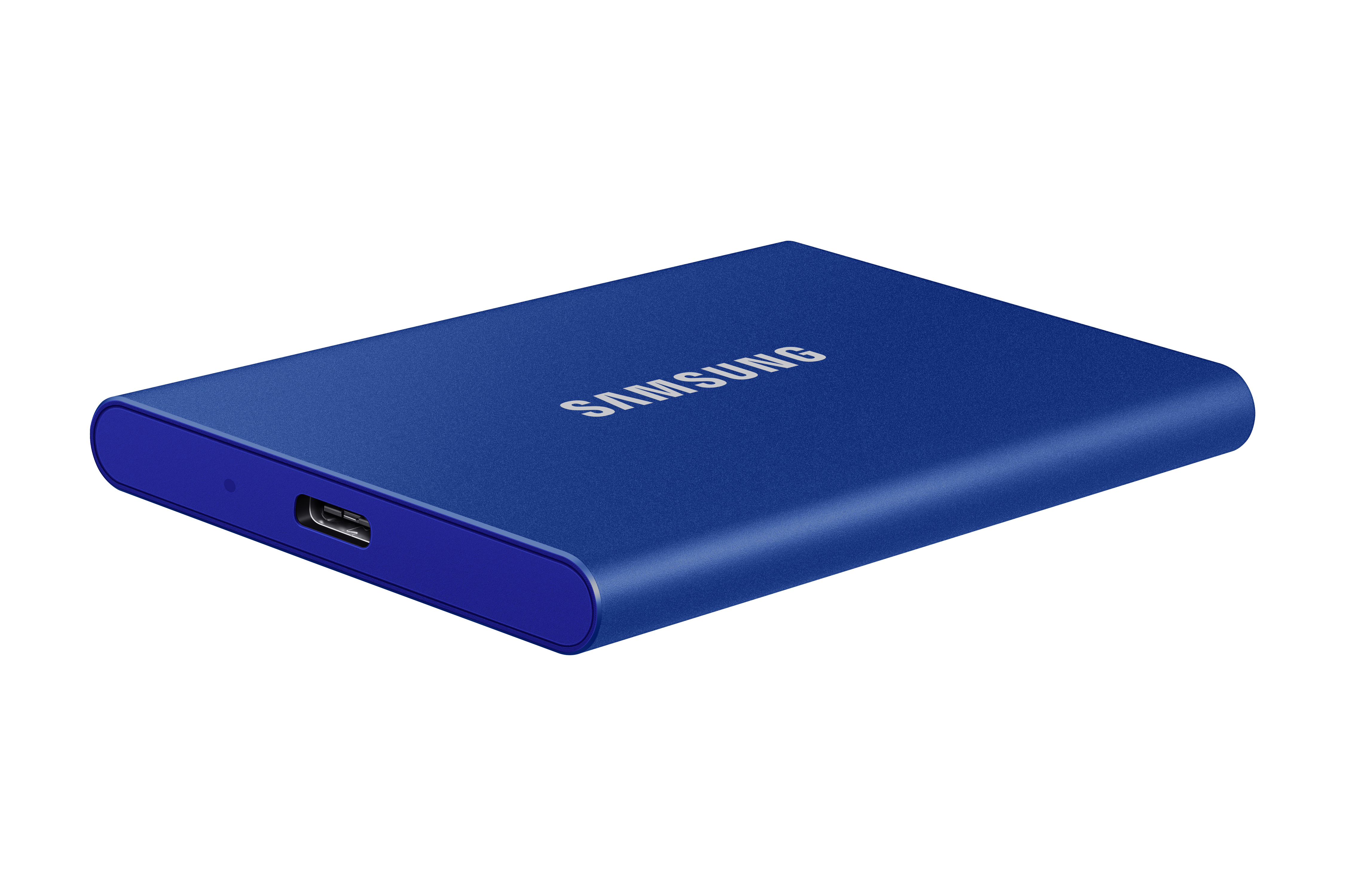 Blue Samsung external hard drive.