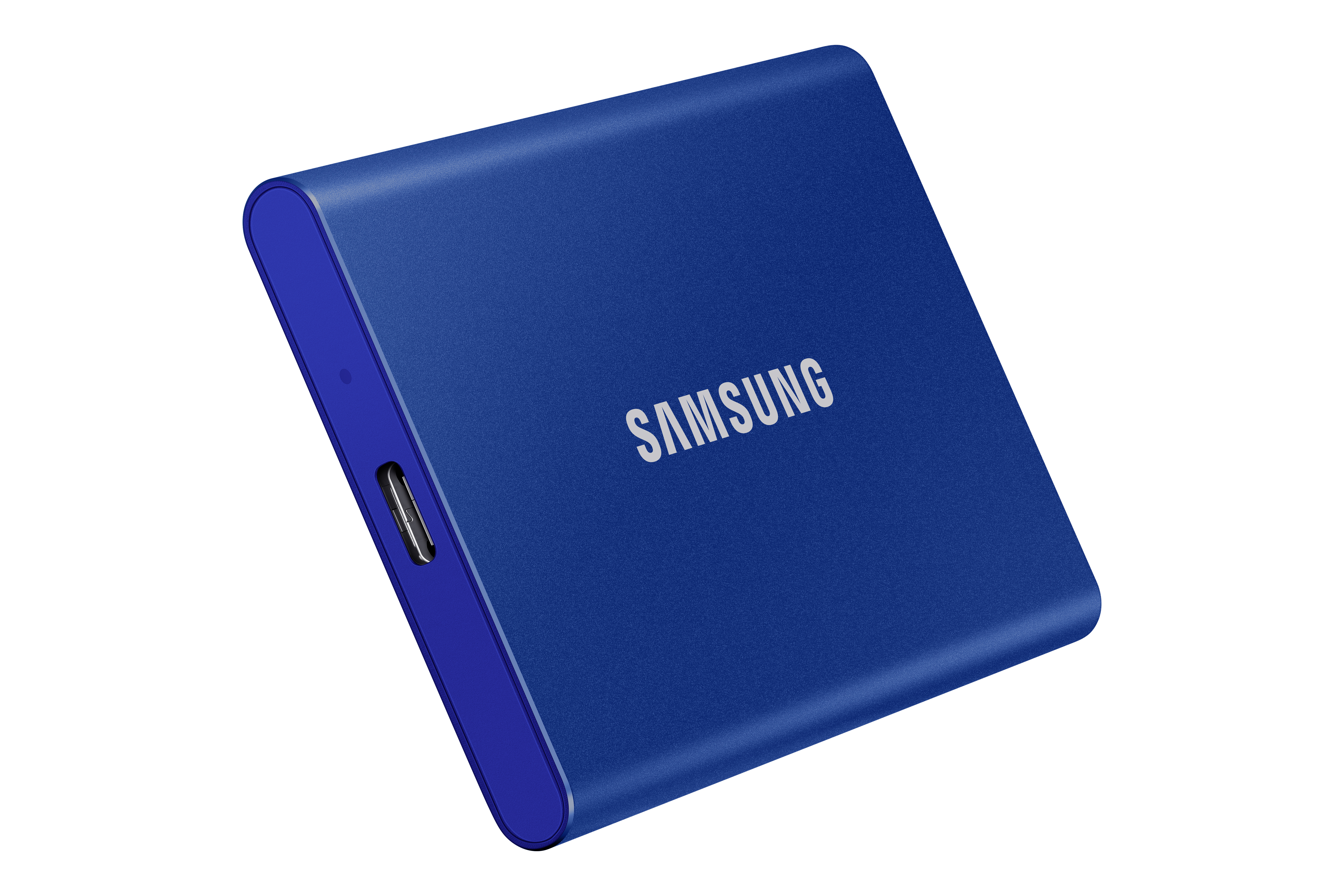 A blue portable Samsung SSD.