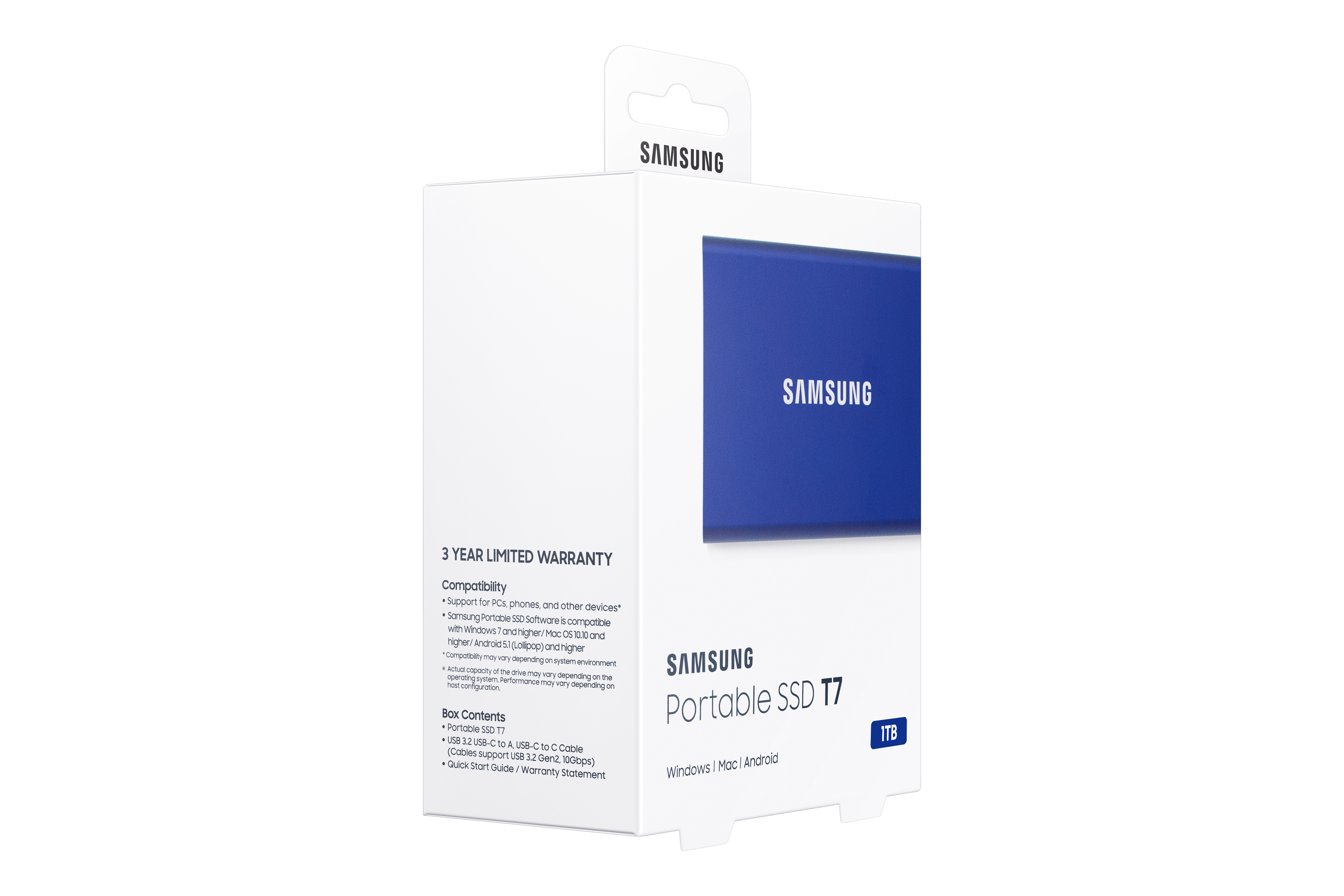 Samsung Portable SSD T7 box. White box with blue SSD image and text. 1TB capacity.