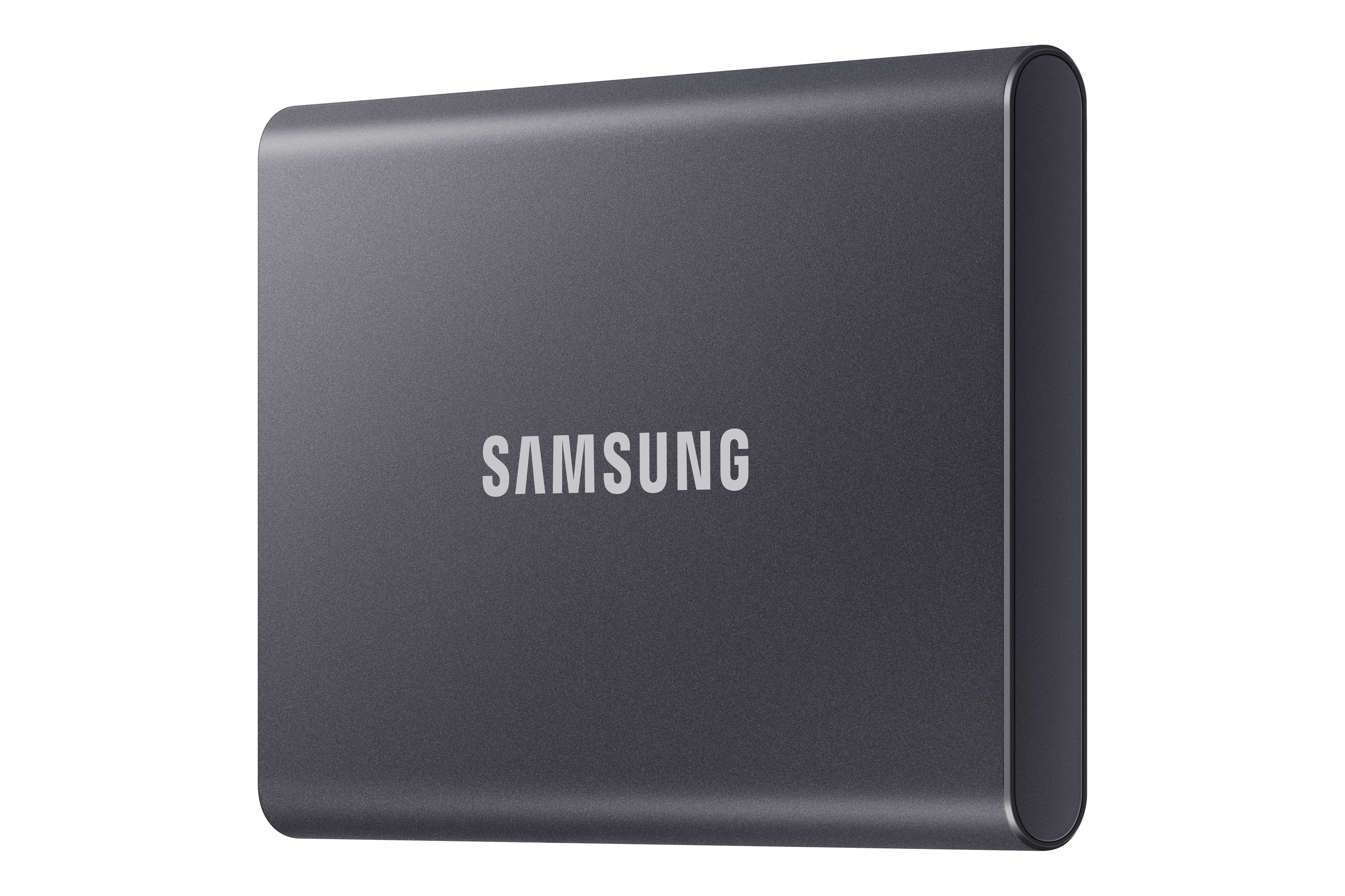 A dark gray Samsung external hard drive with the brand name 'SAMSUNG' on it.