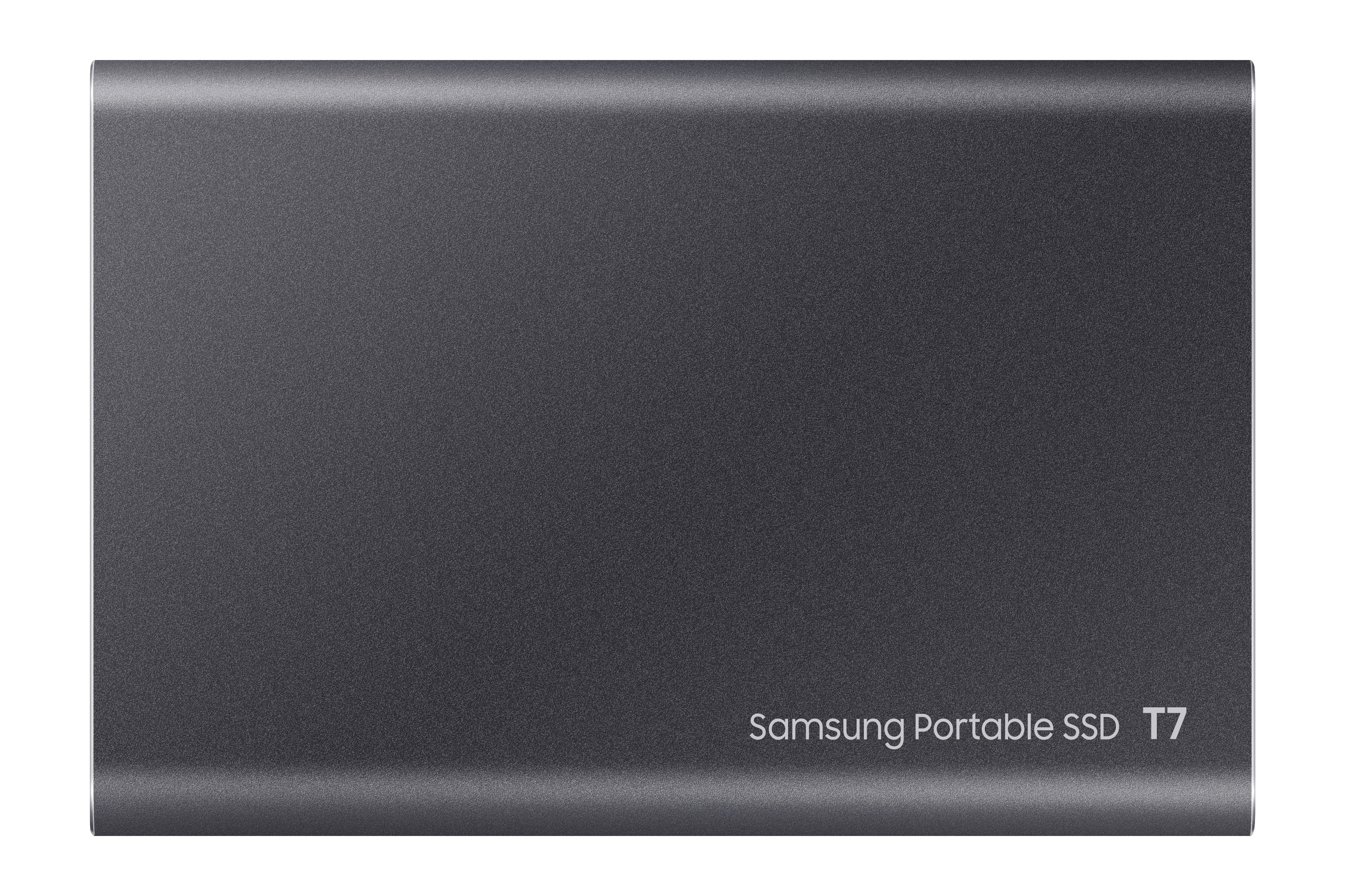 Dark gray Samsung Portable SSD T7. The text 'Samsung Portable SSD T7' is visible.