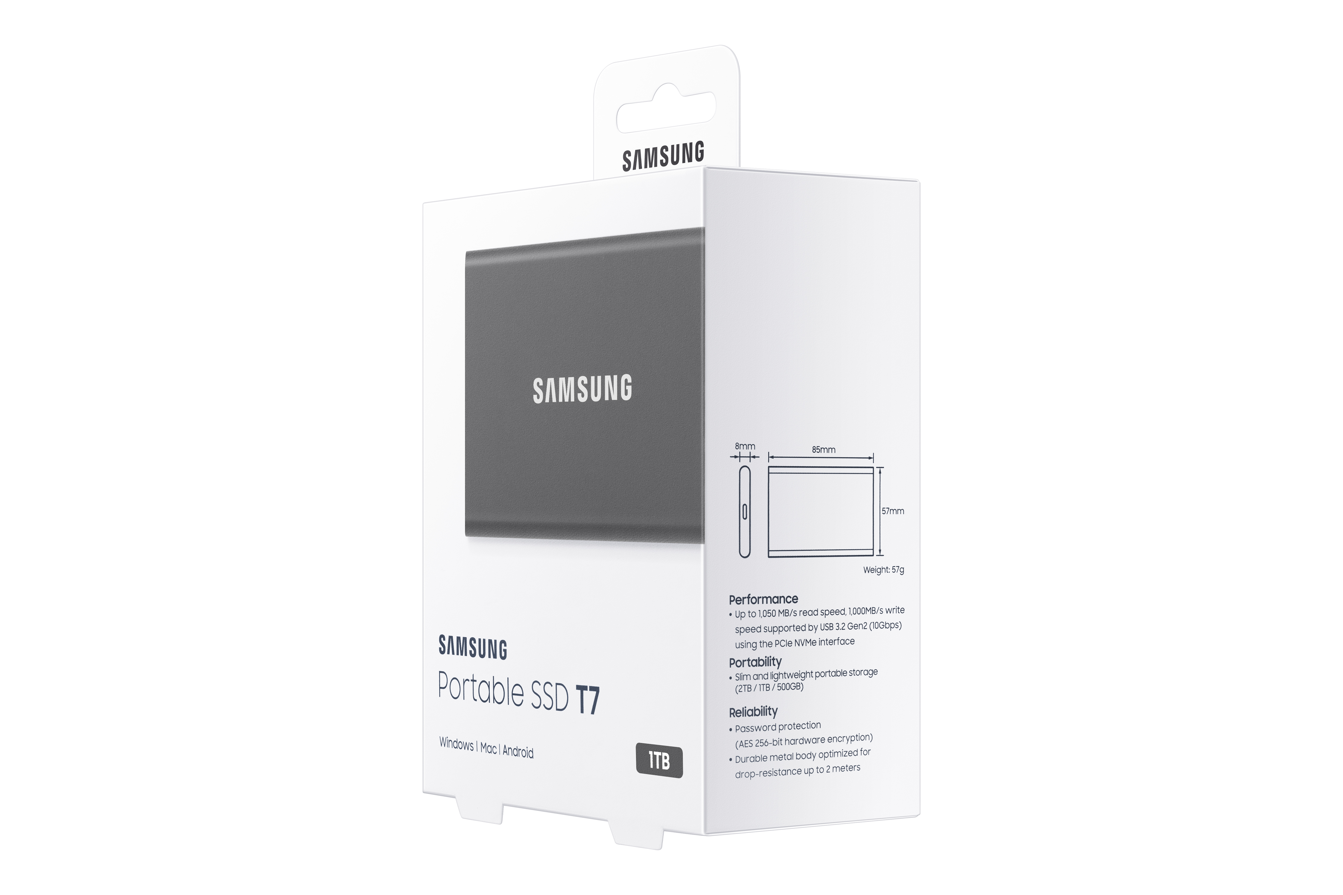 Samsung Portable SSD T7 box. The image shows a gray SSD with product specifications.