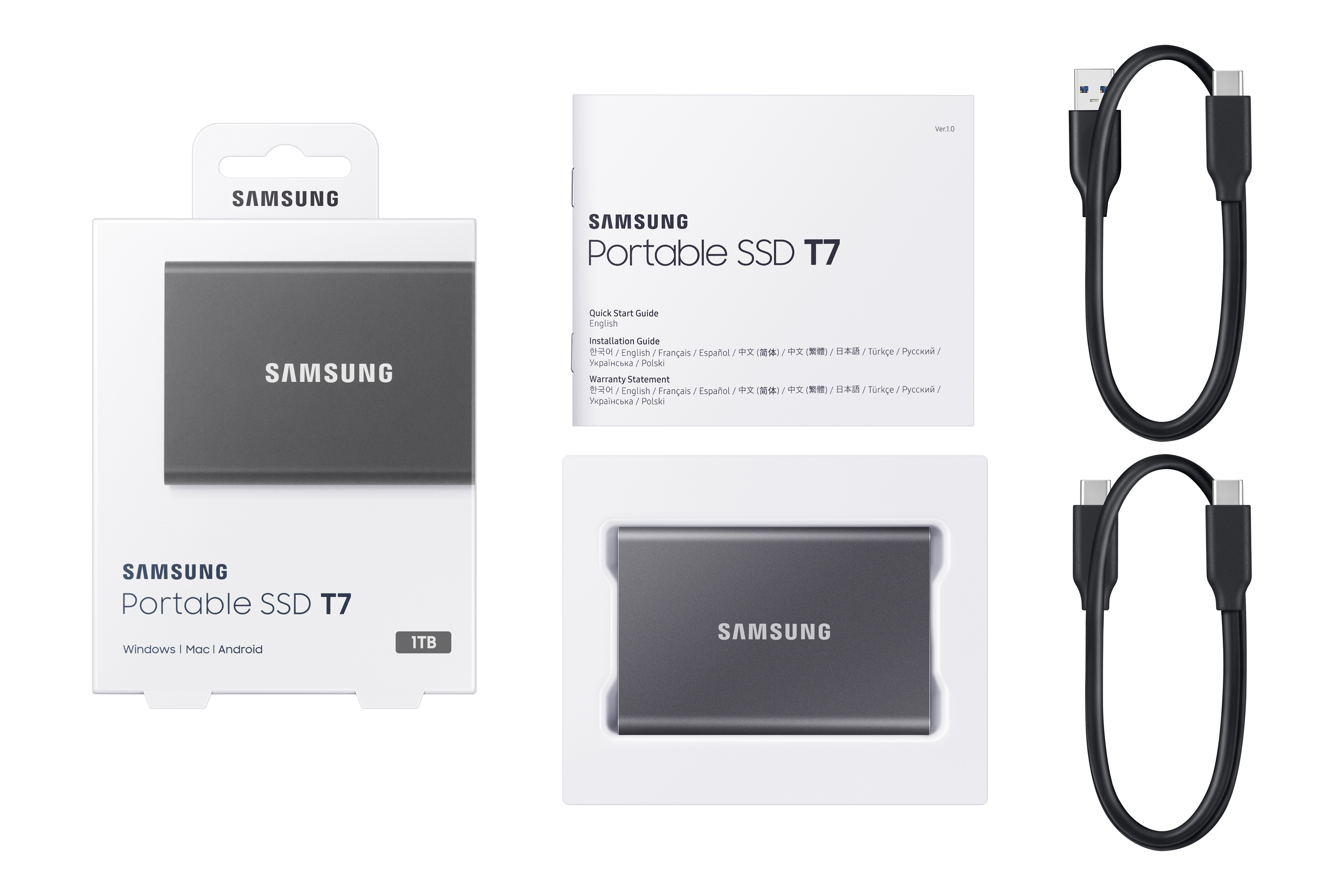 Samsung Portable SSD T7 package with SSD, cables, and documents in a white background.