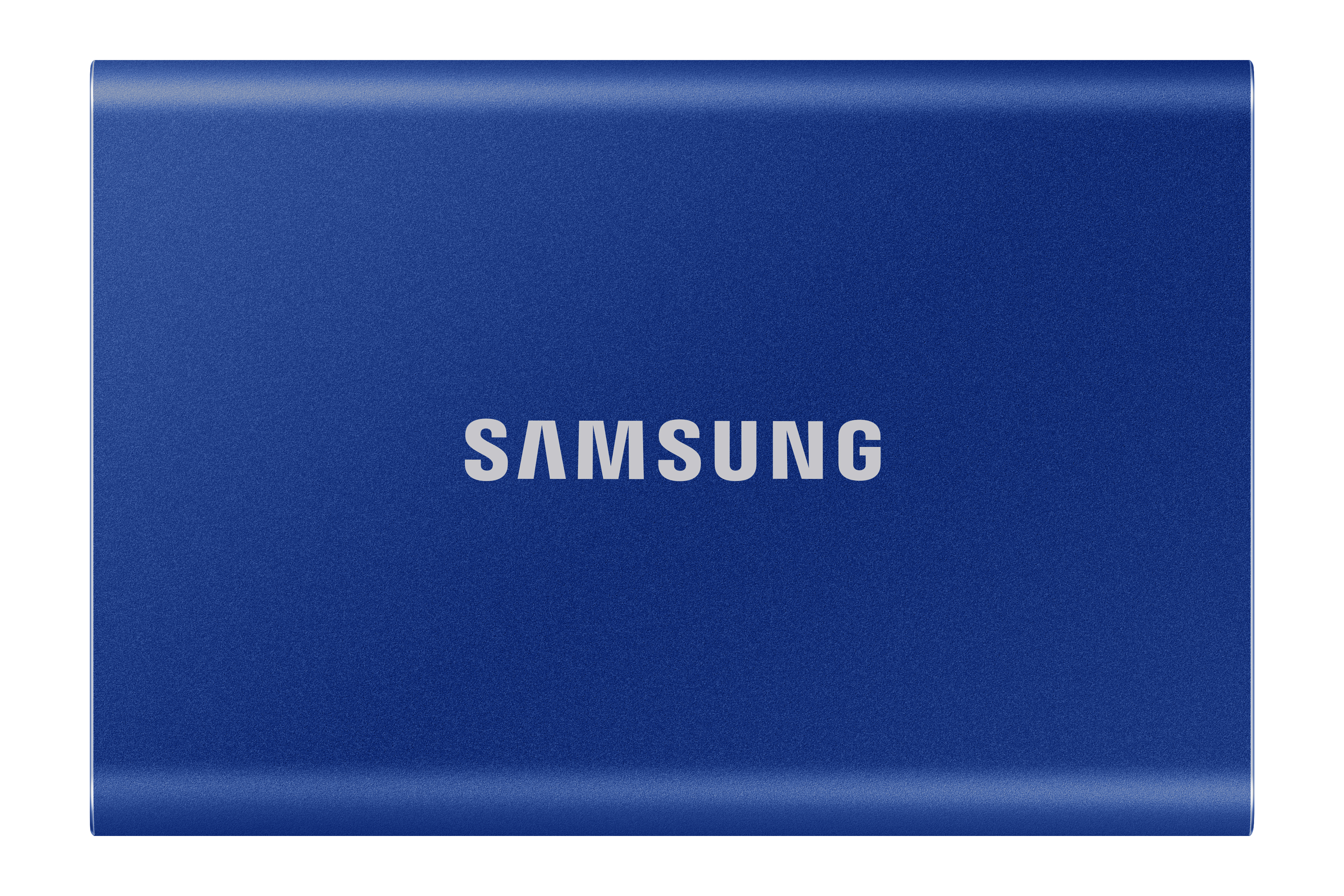 Blauwe Samsung draagbare SSD. Wit Samsung-logo op de voorkant. Metallic afwerking. Witte achtergrond.