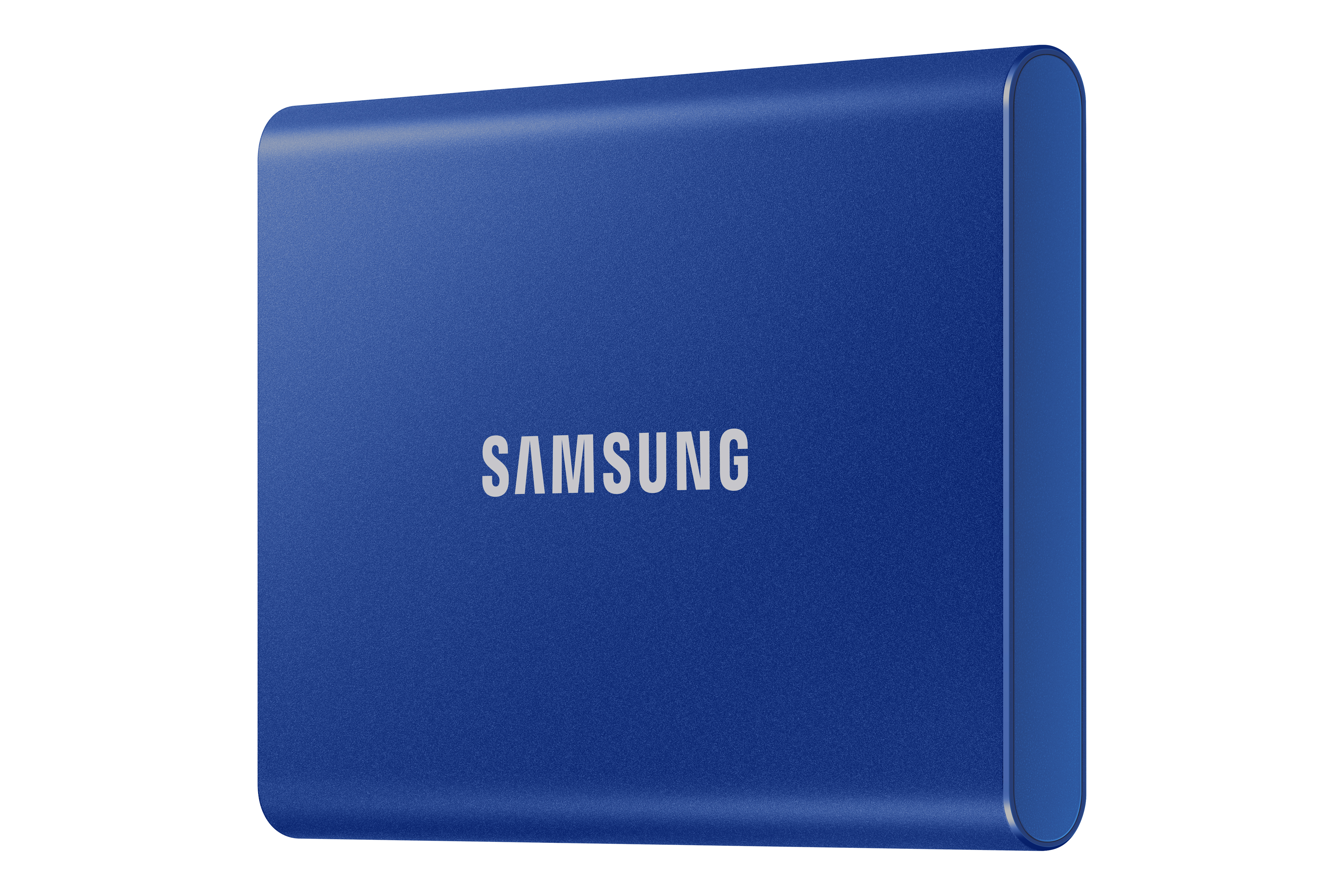 Blauwe externe harde schijf van Samsung, met witte SAMSUNG-tekst. Witte achtergrond.