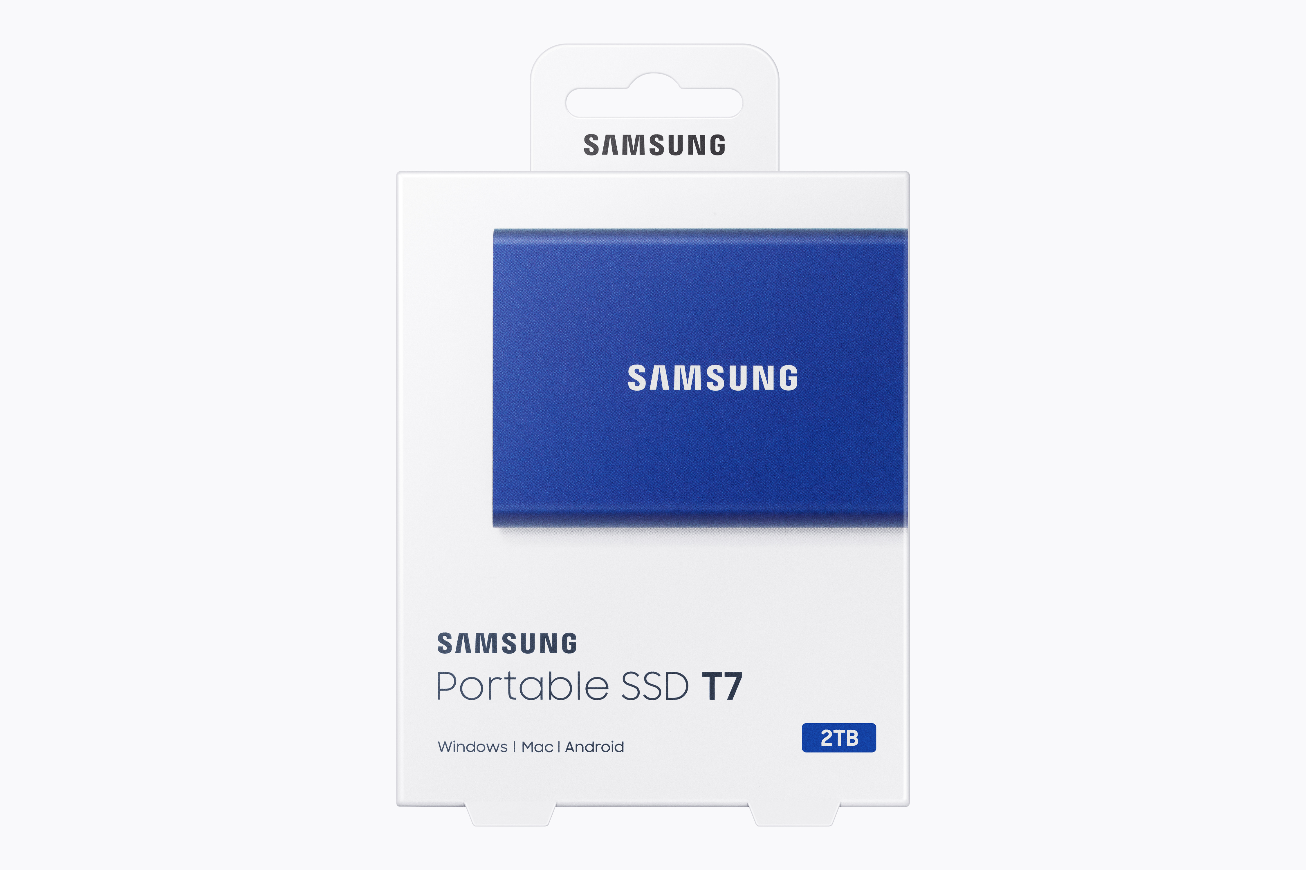 Witte doosverpakking voor een blauwe Samsung Portable SSD T7, met tekst en logo.