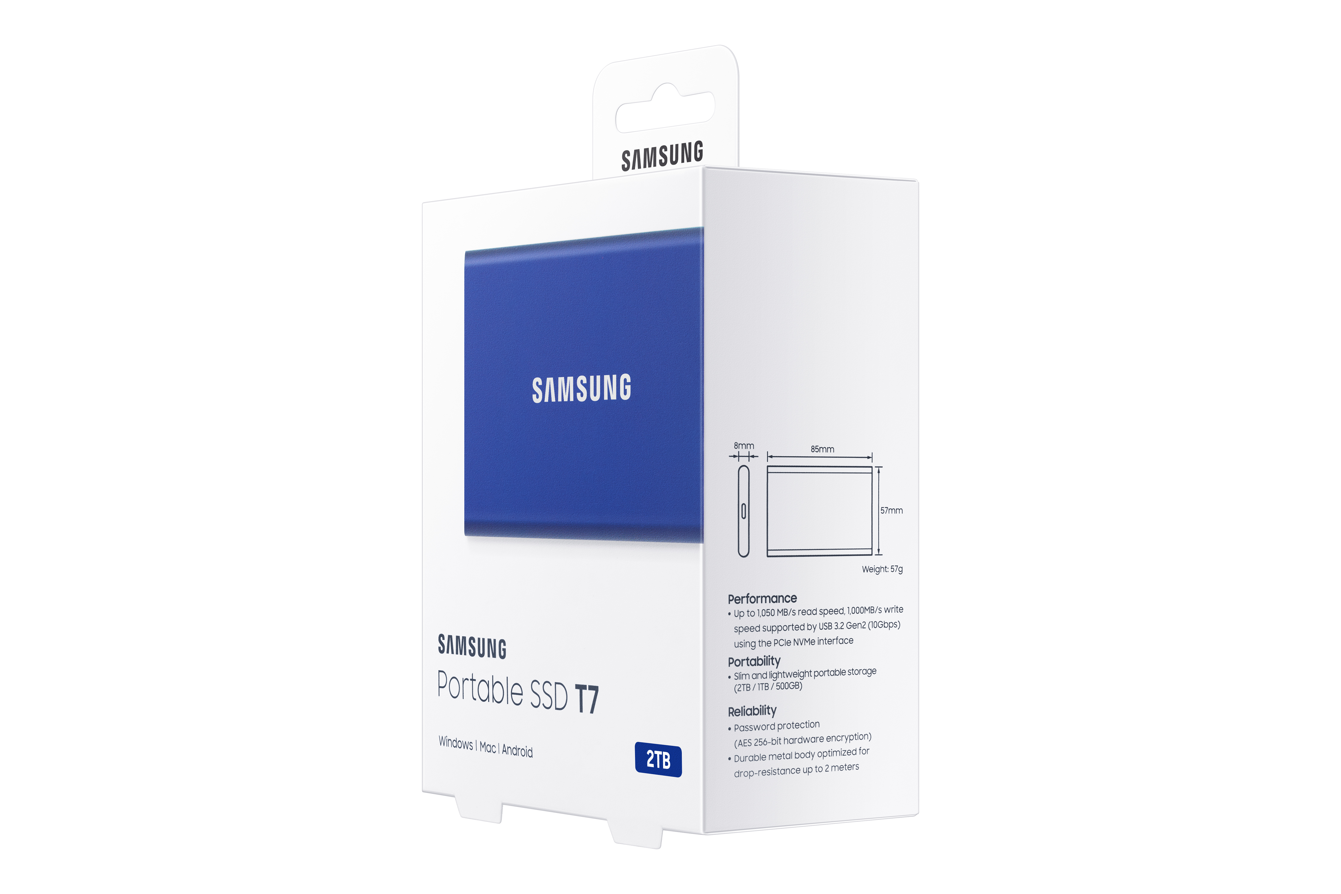 Blauwe Samsung Portable SSD T7-doos met een blauwe SSD erin.