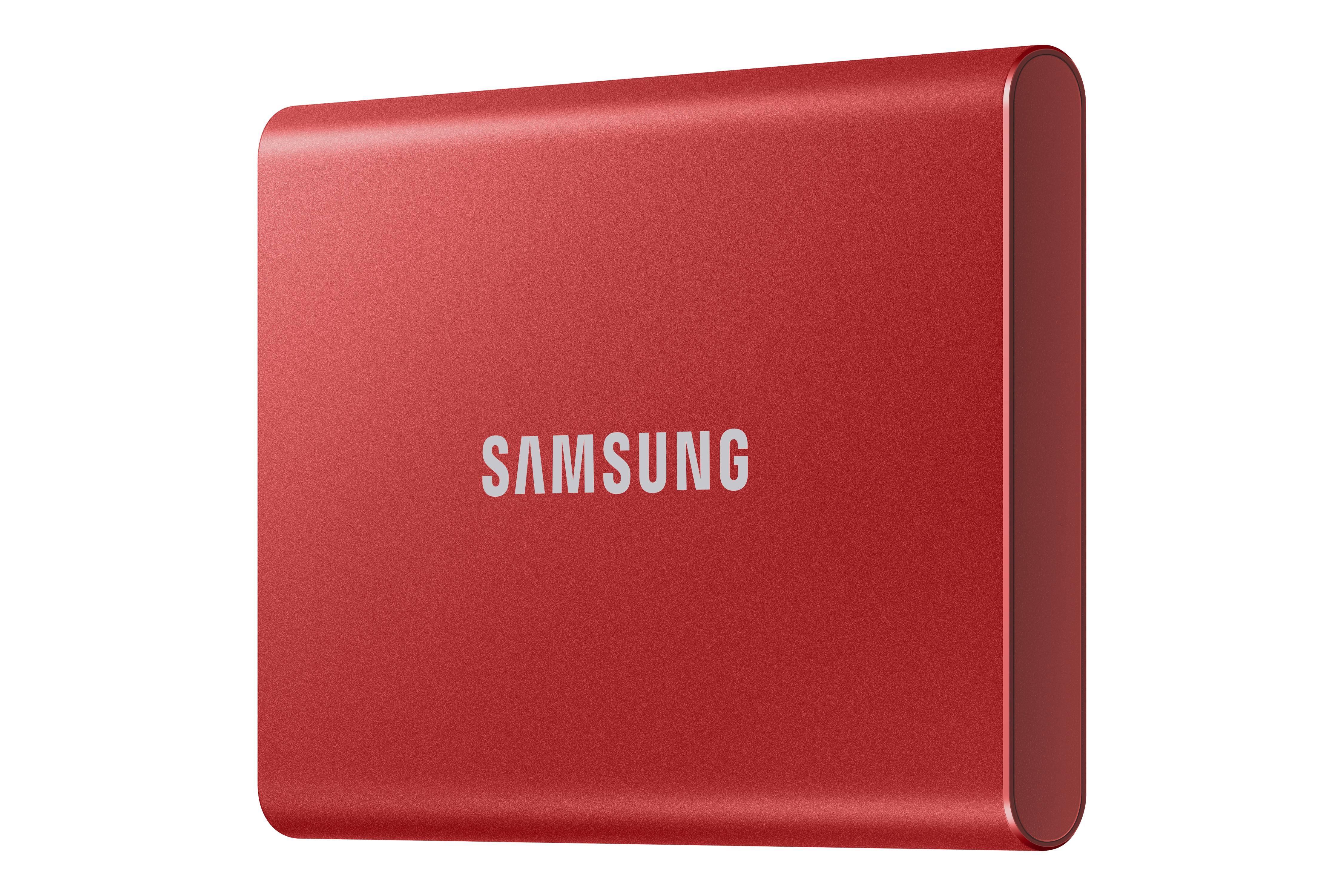 A red Samsung portable hard drive on a white background.