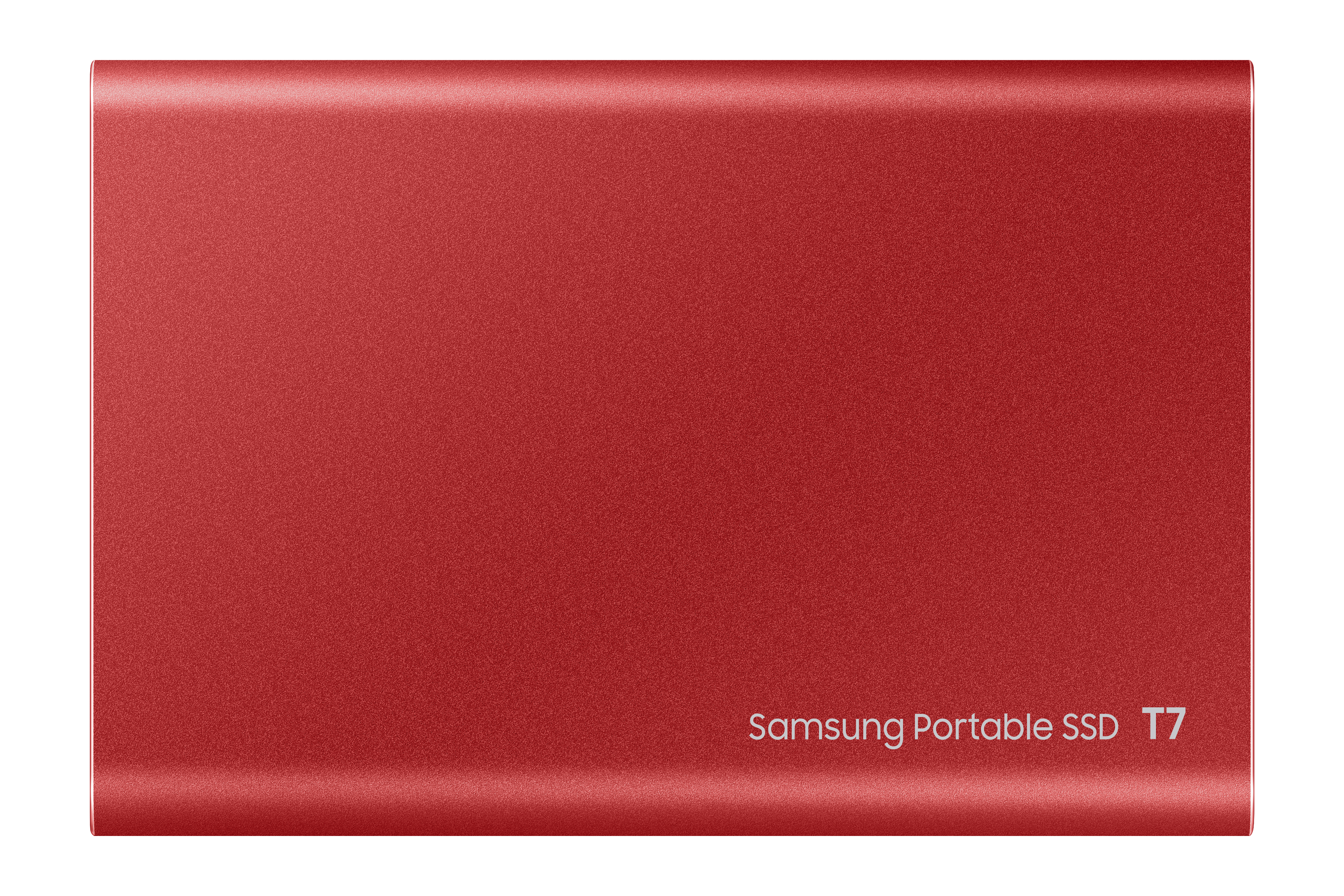 Red Samsung portable SSD T7, with a textured surface.