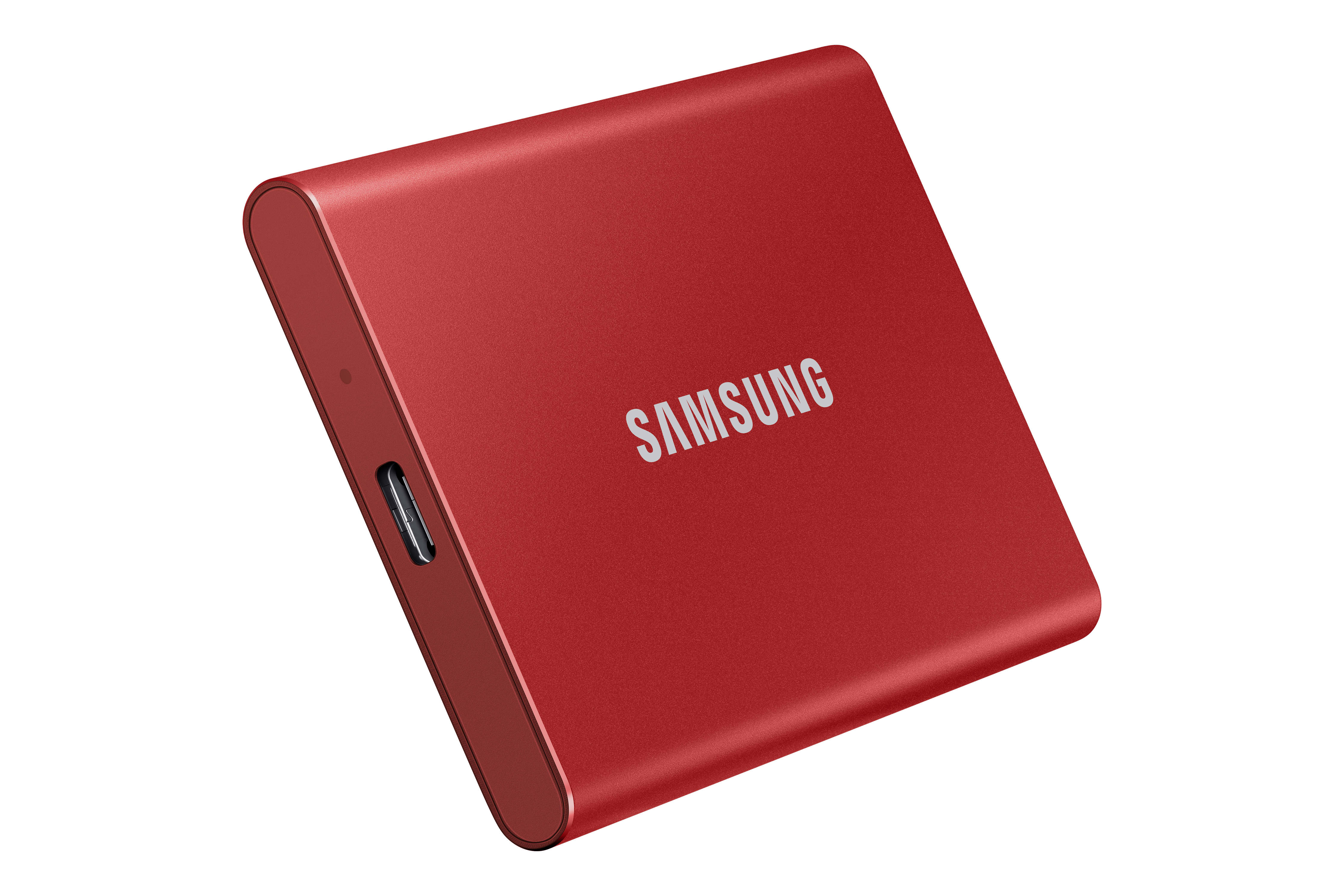 Red, rectangular Samsung portable SSD. Samsung text is centered.