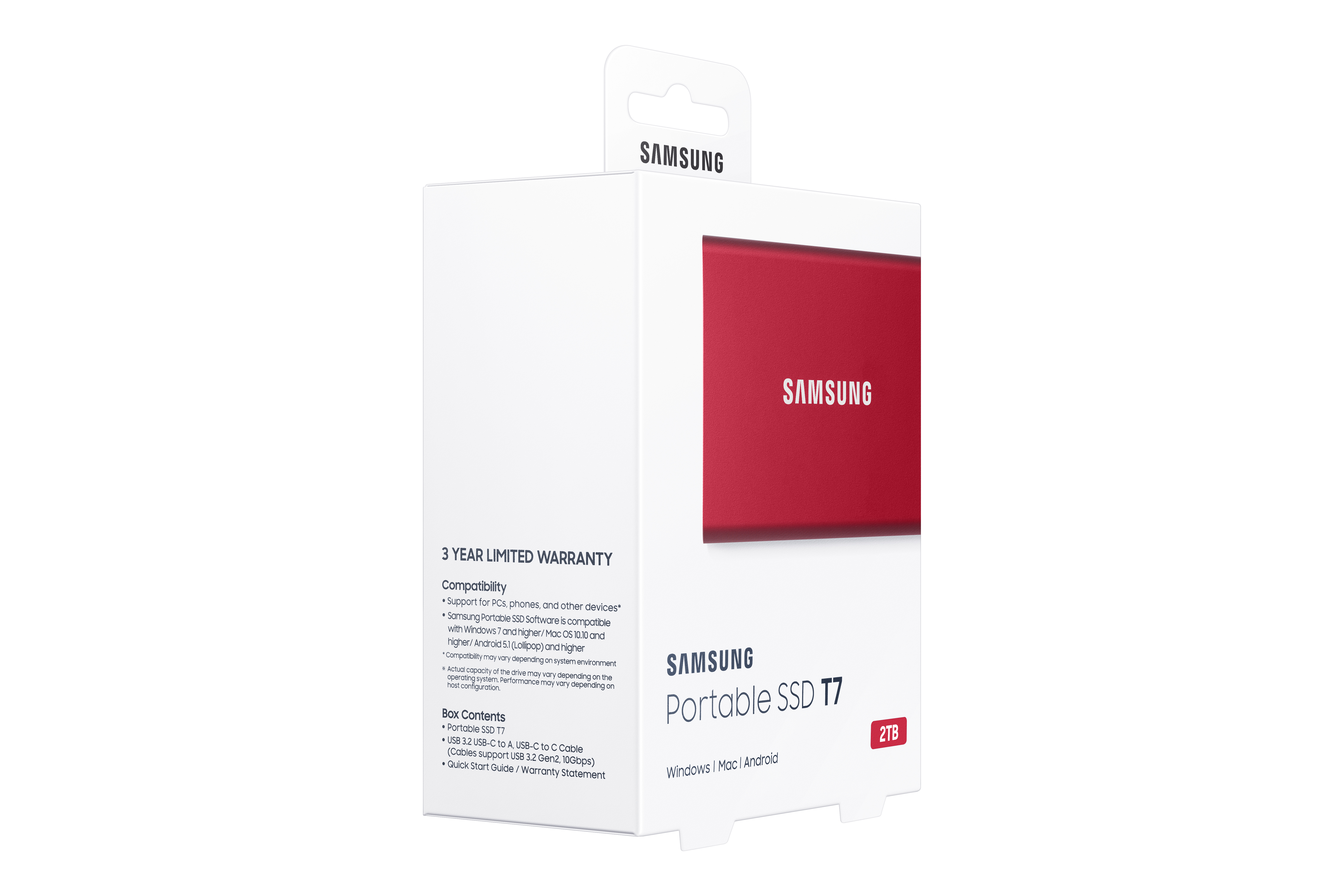 White box with a red Samsung Portable SSD T7. The box has text about features and warranty.