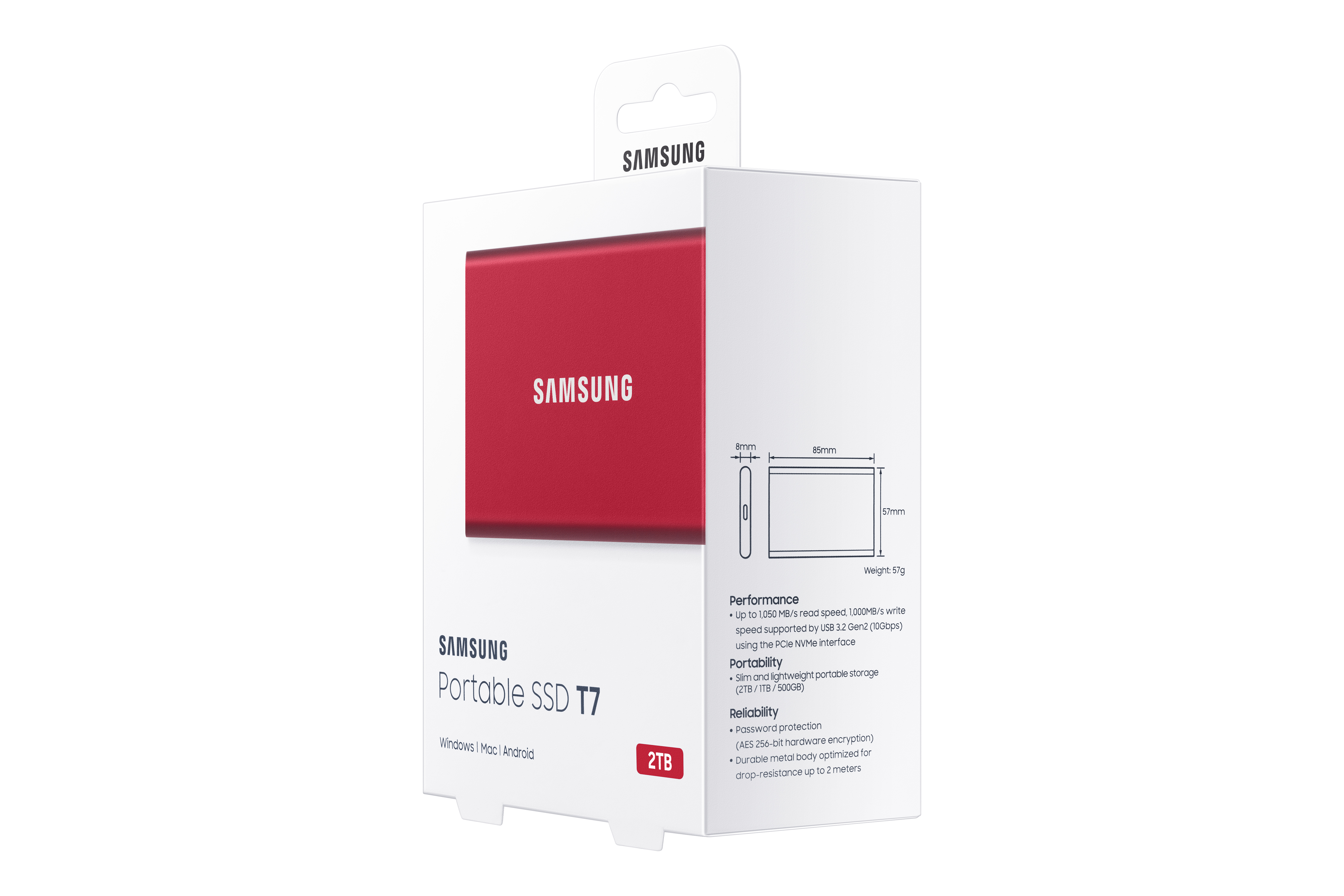 Red Samsung portable SSD in a white box. The box shows the product details.