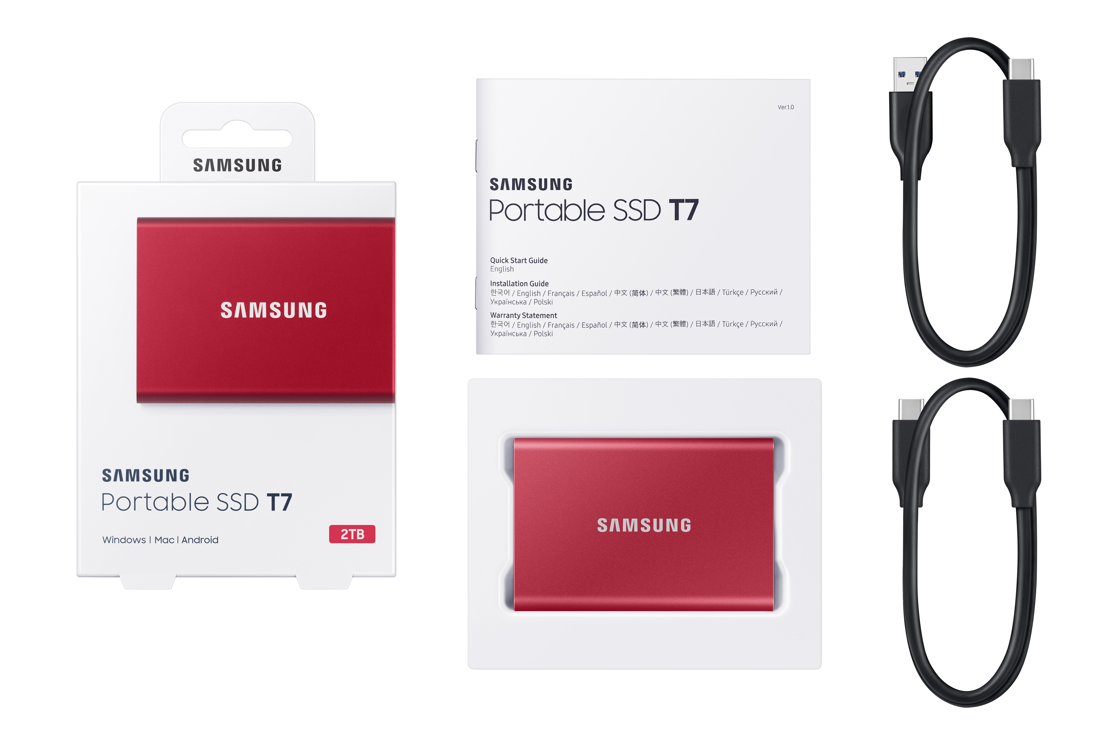 Red Samsung portable SSD, packaging, and cables.