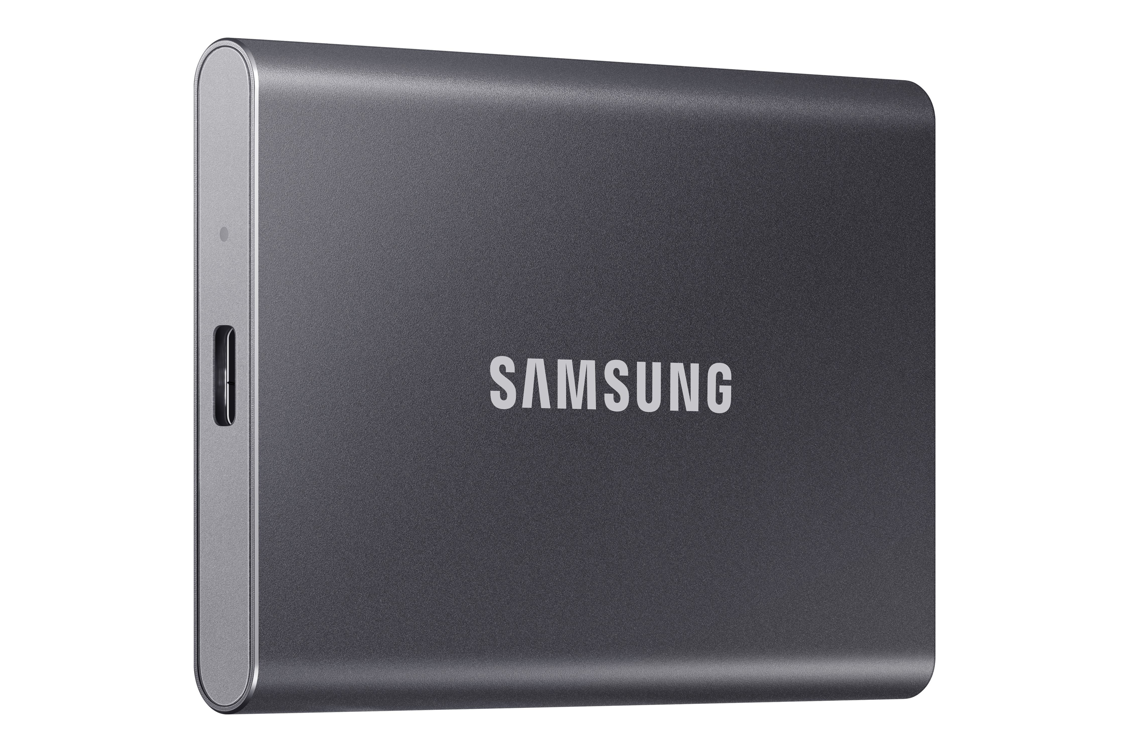 Een grijze externe harde schijf van Samsung. Het Samsung-logo staat op het apparaat.
