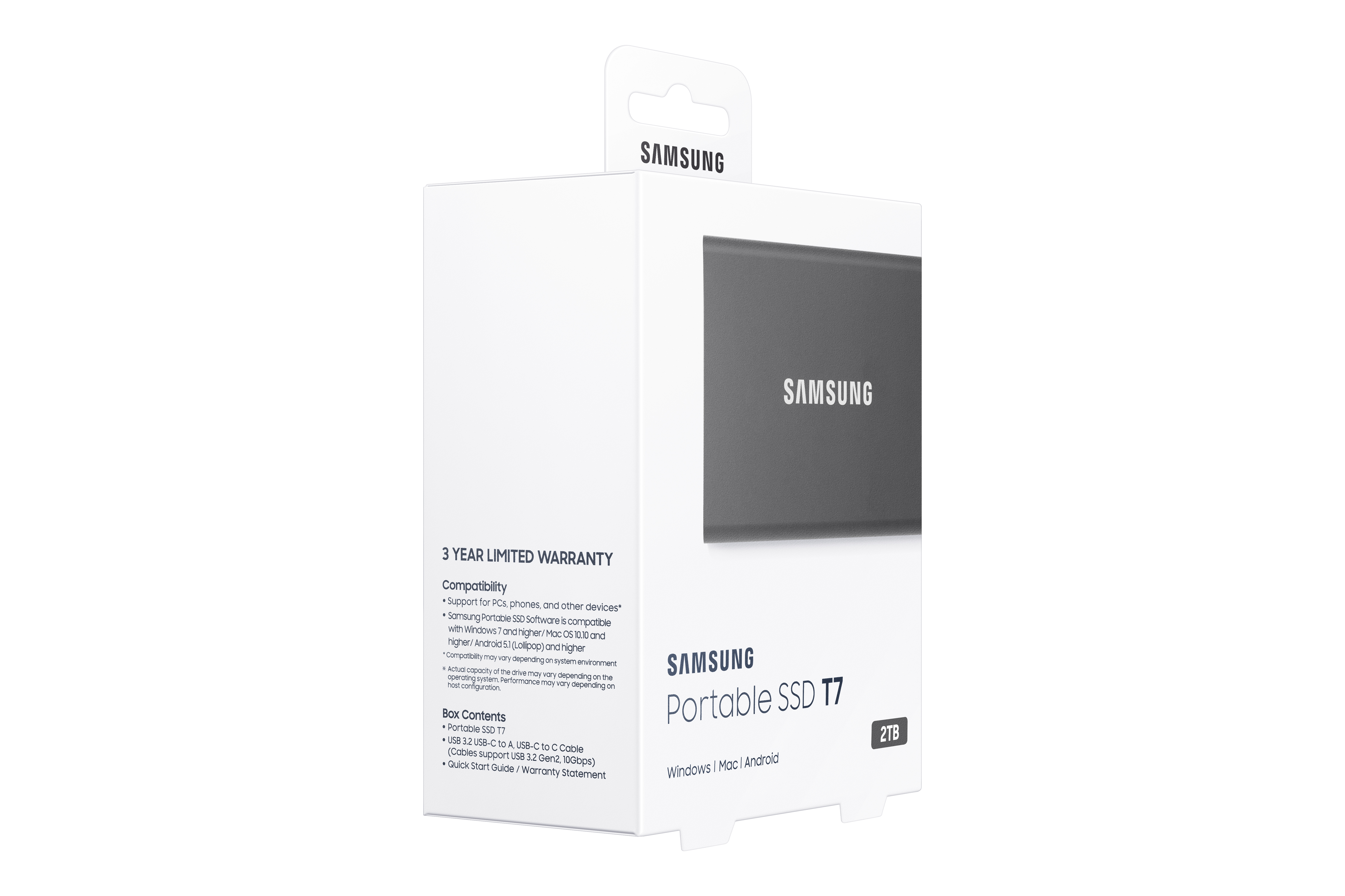 Witte doos met een Samsung portable SSD T7 op een wit oppervlak, met de merknaam zichtbaar.