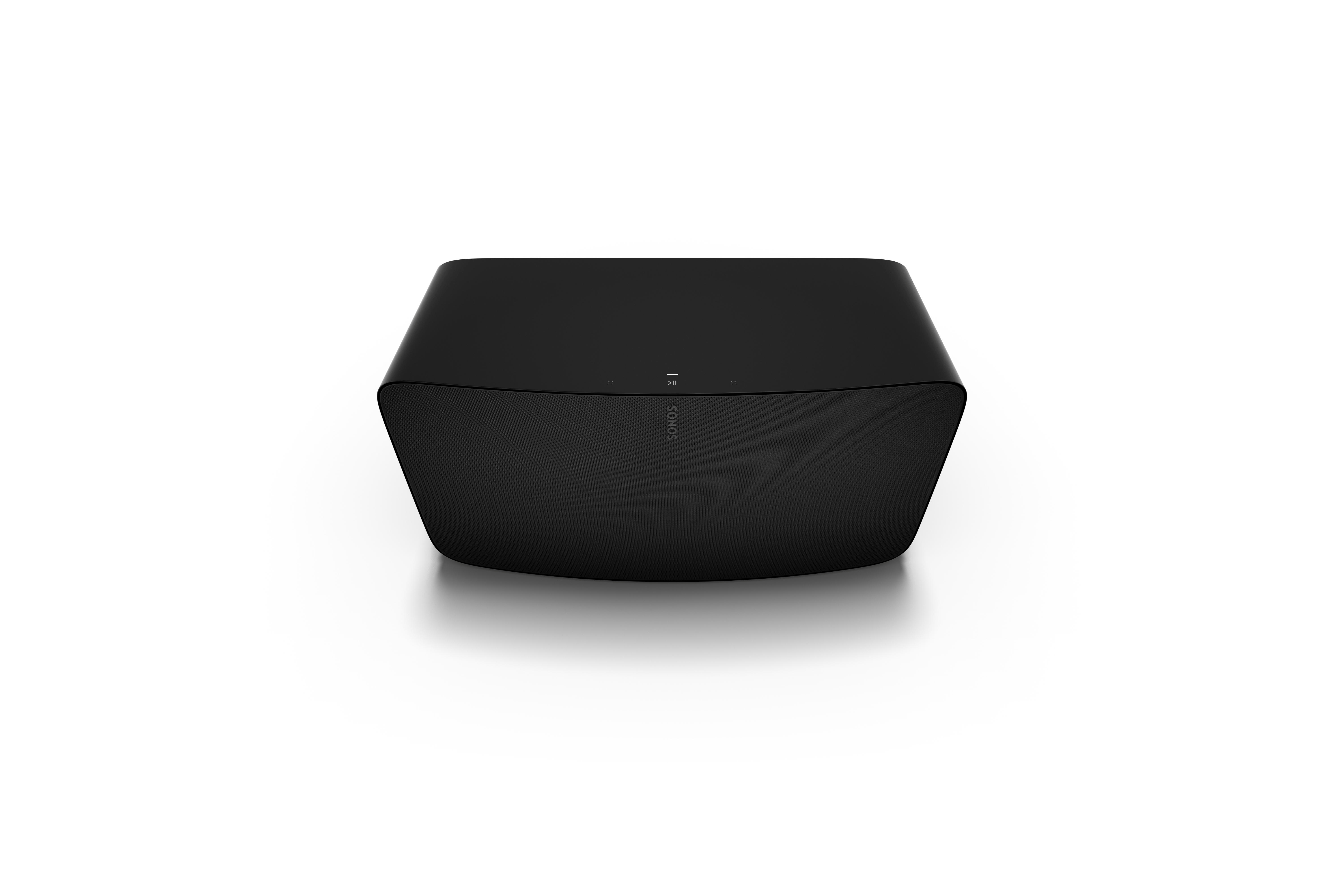 Ein schwarzer Sonos-Lautsprecher auf weißem Hintergrund, mit einfachem, modernem Design.