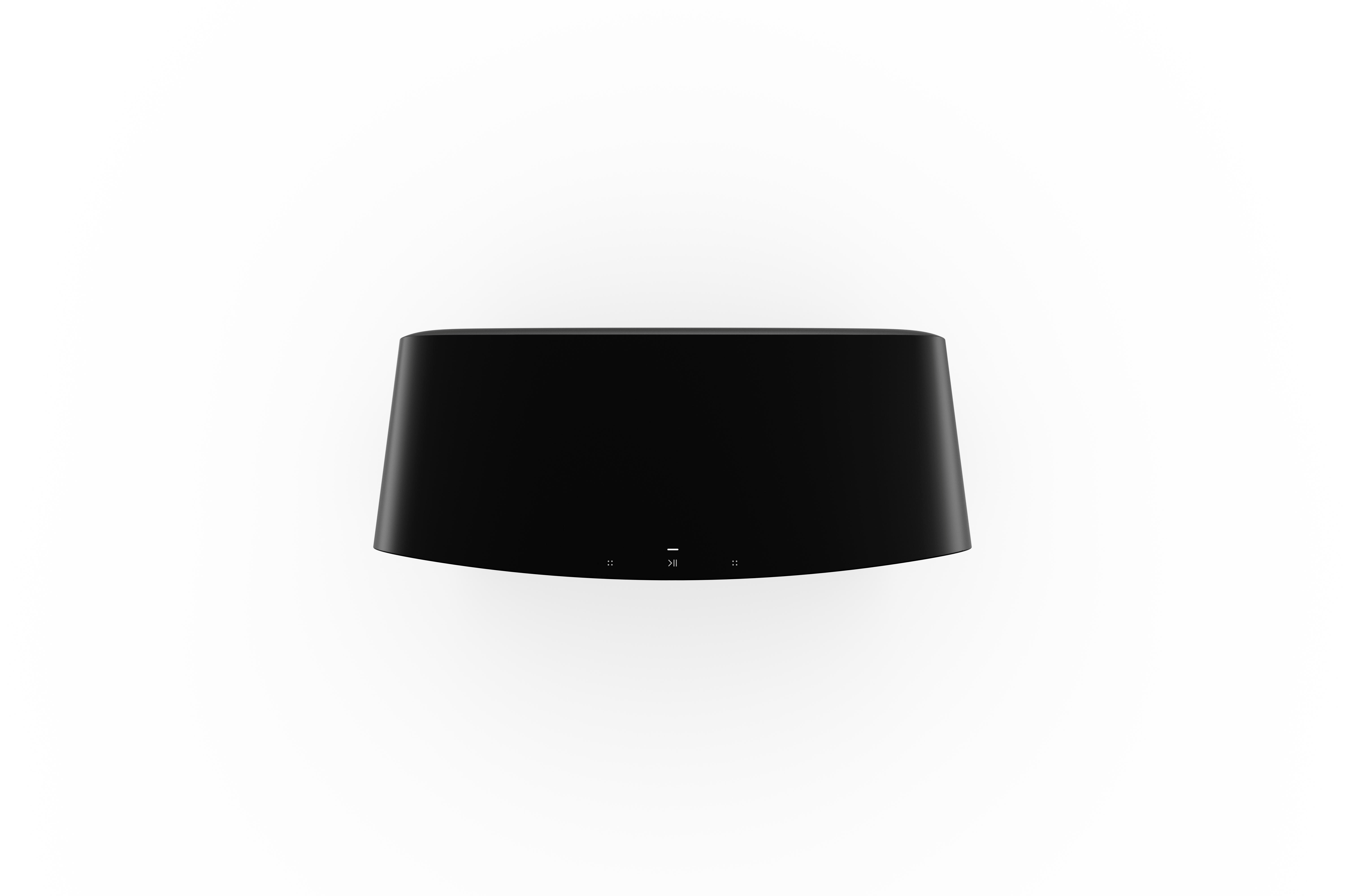 Eine schwarze Soundbar auf weißem Hintergrund. Die Soundbar hat ein gebogenes Design und einige Tasten vorne.