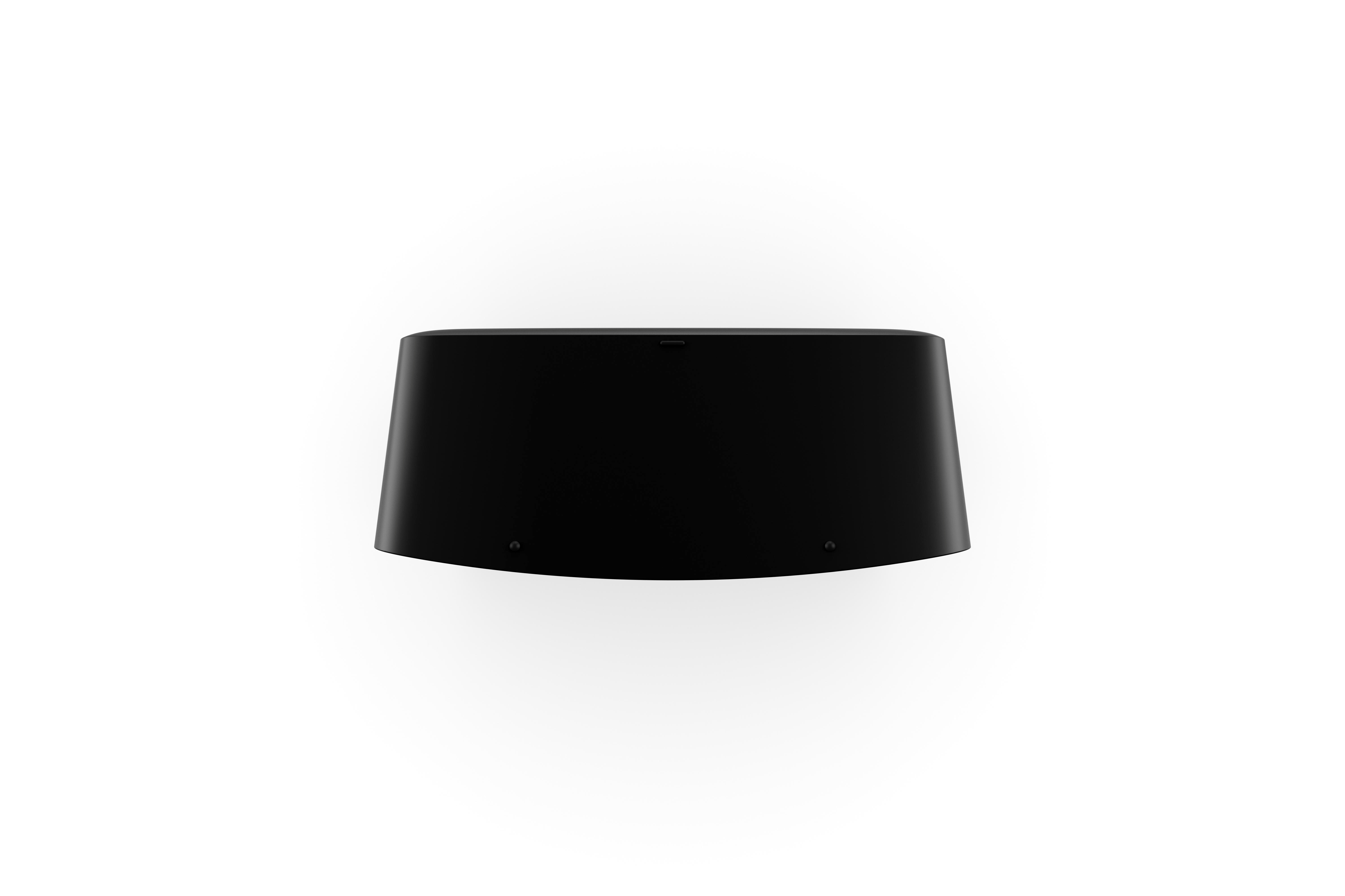 Schwarze Draufsicht auf ein schwarzes Gerät, wahrscheinlich ein Smart Speaker. Weißer Hintergrund.