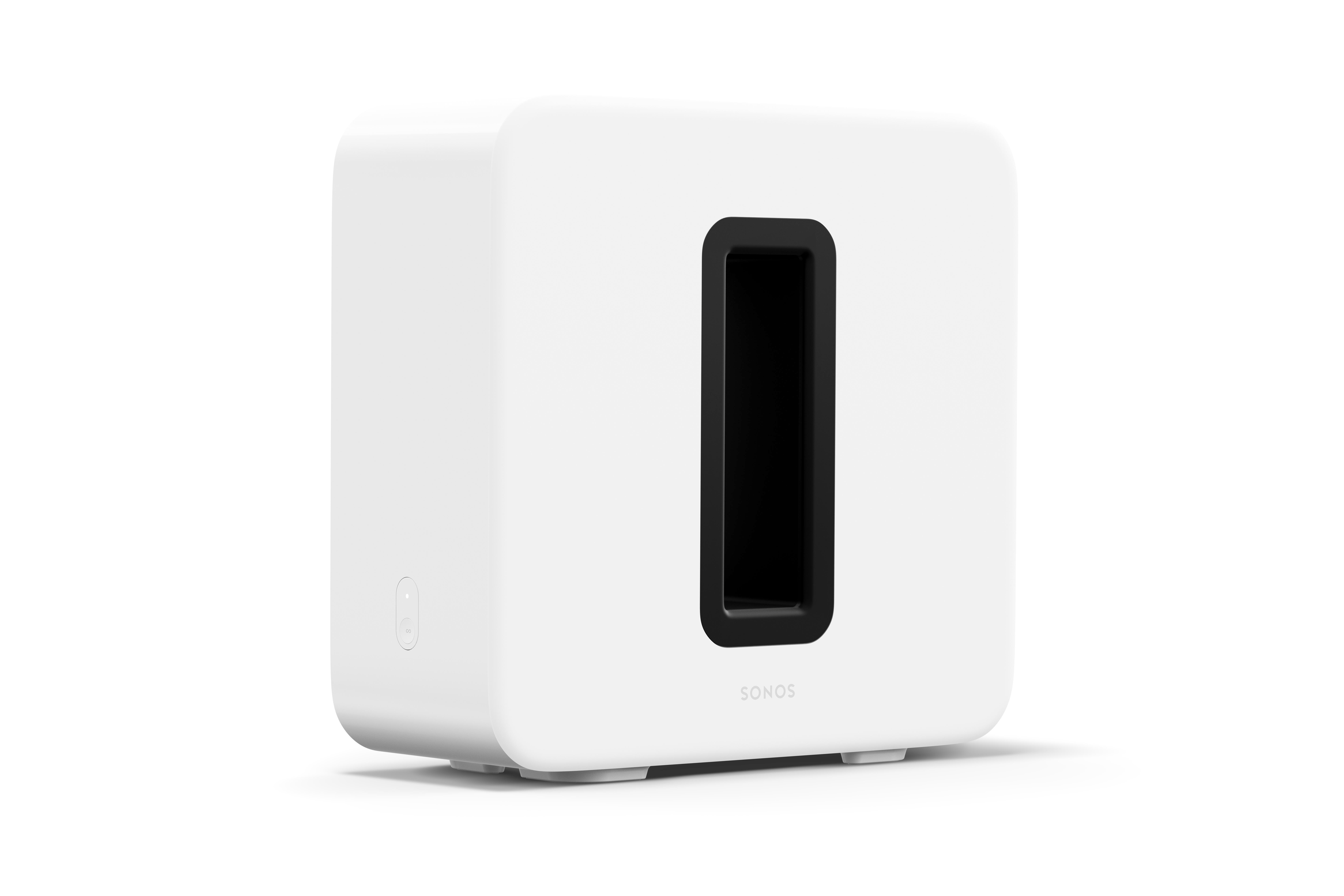 Weißer Sonos-Subwoofer mit schwarzer Öffnung in der Mitte und Markenname vorne.