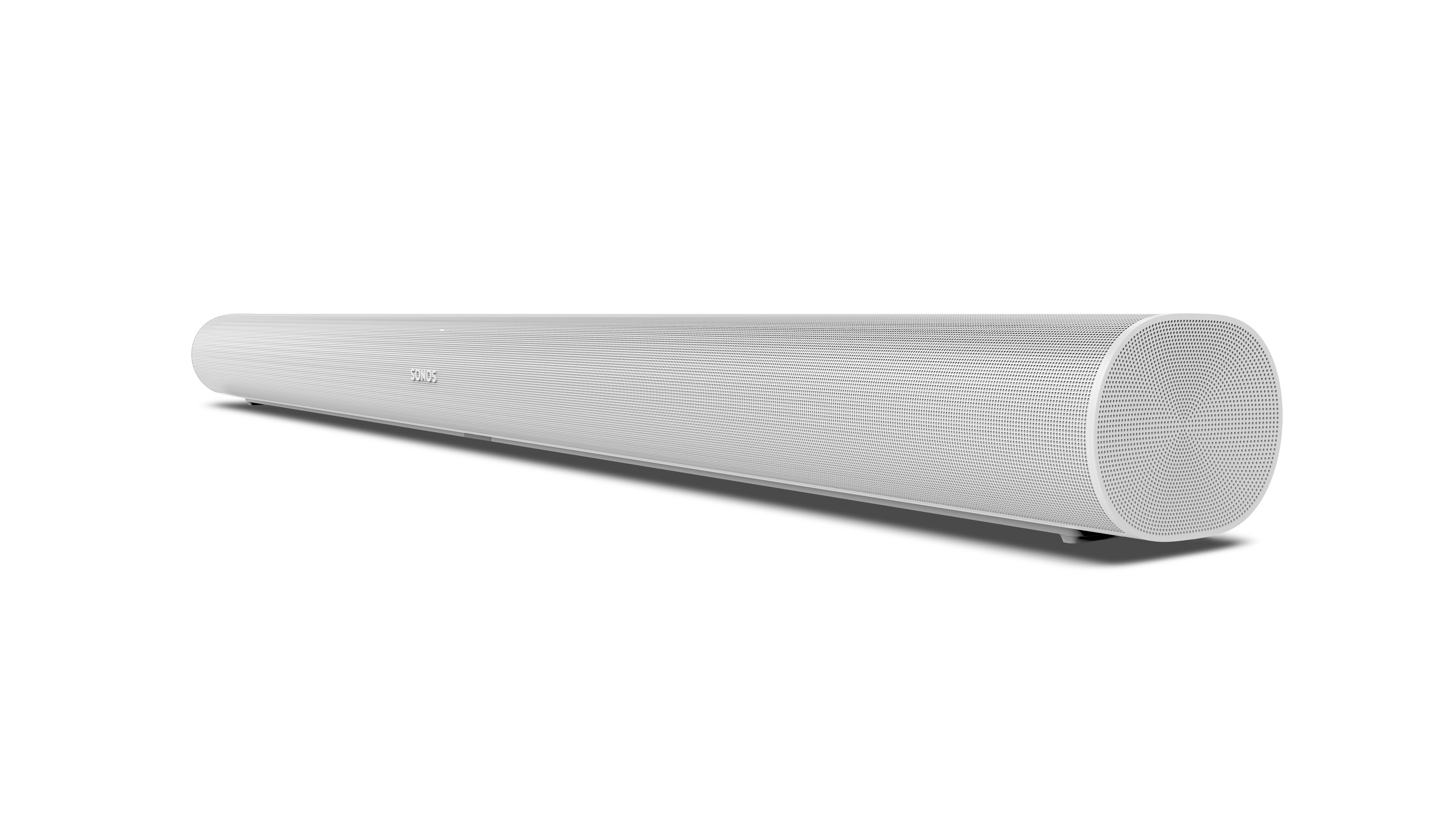 Eine weiße Soundbar auf weißem Hintergrund. Sie ist lang und zylindrisch mit abgerundeten Enden.
