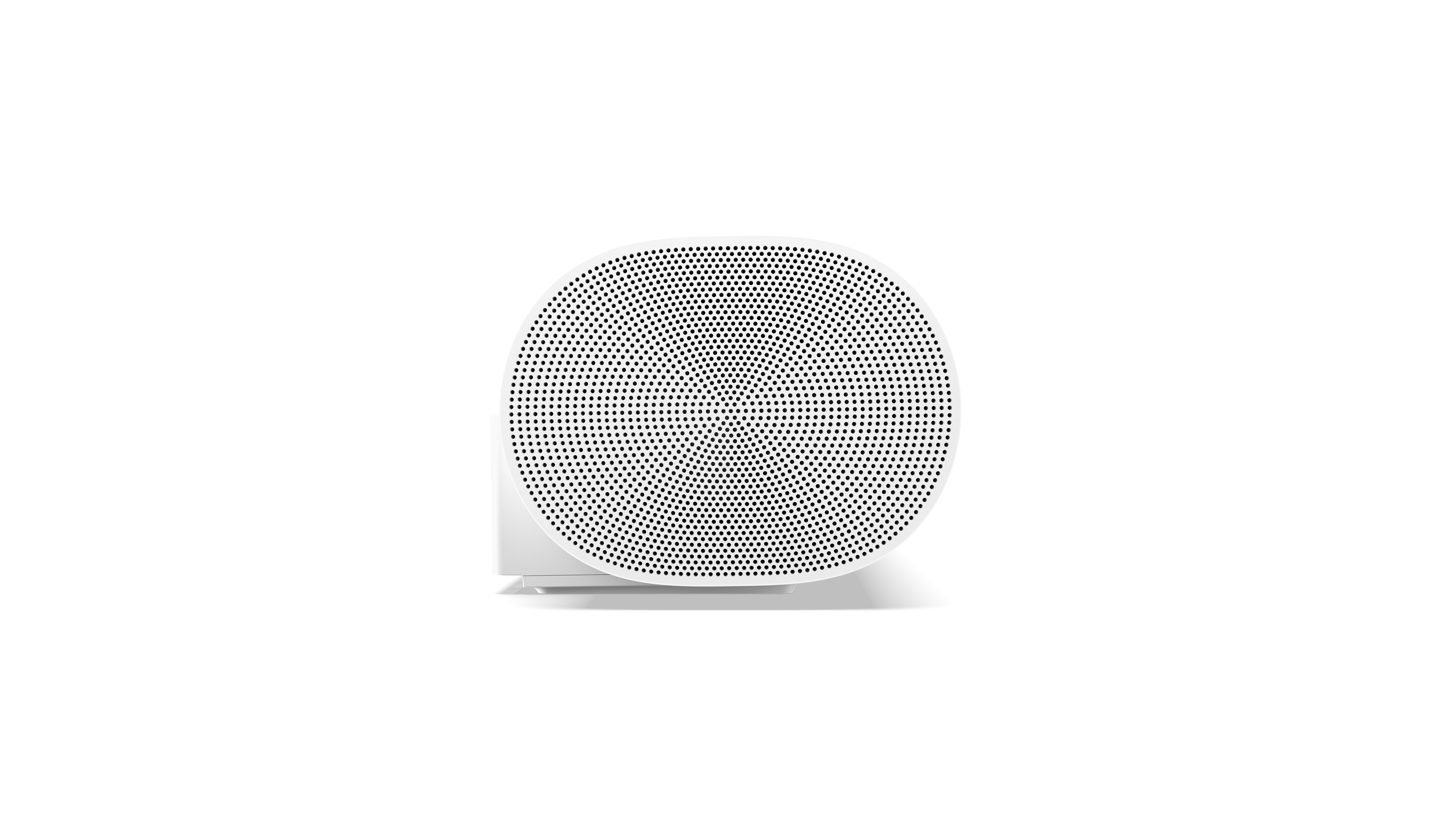Weißer Sonos-Lautsprecher, ovale Form, mit schwarzem Mesh-Front. Auf weißem Hintergrund.