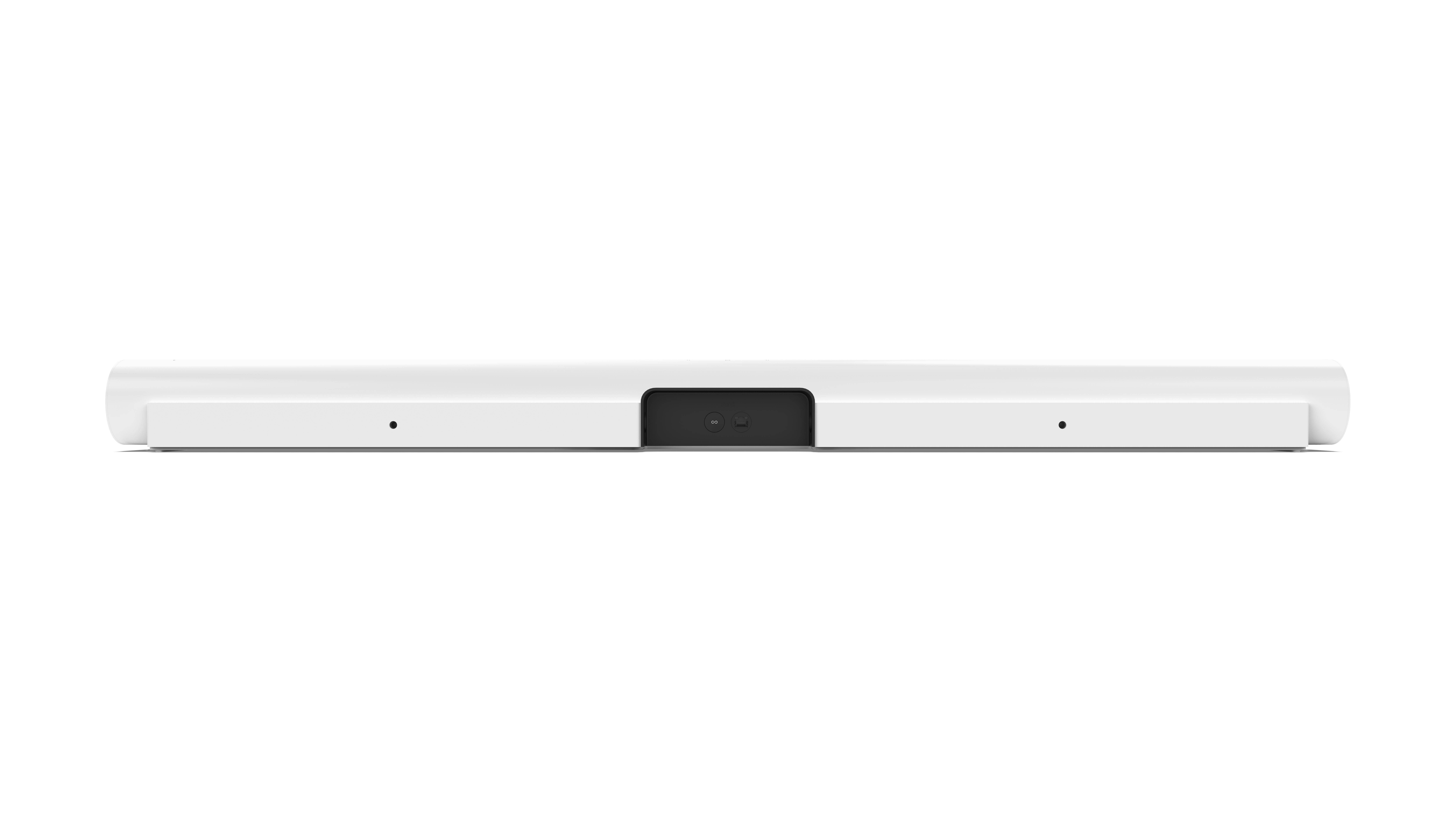 Weißer Soundbar mit zentralem schwarzen Bereich auf weißem Hintergrund, minimalistisches Design.